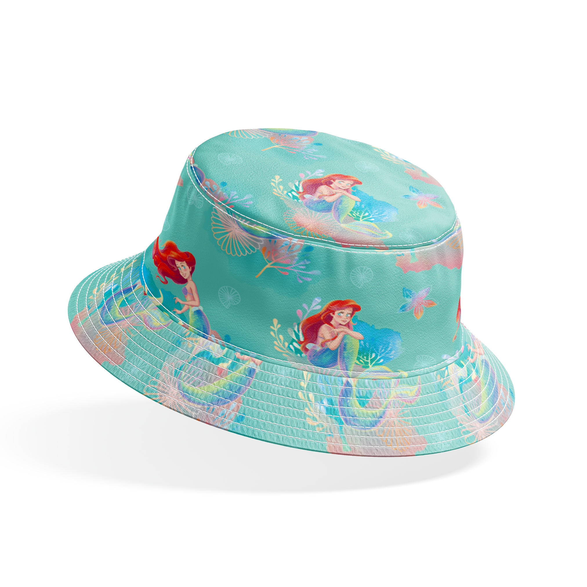 Whimsical teal pattern featuring mermaids with red hair, seashells, starfish, and coral in pastel colors bucket hat mockup