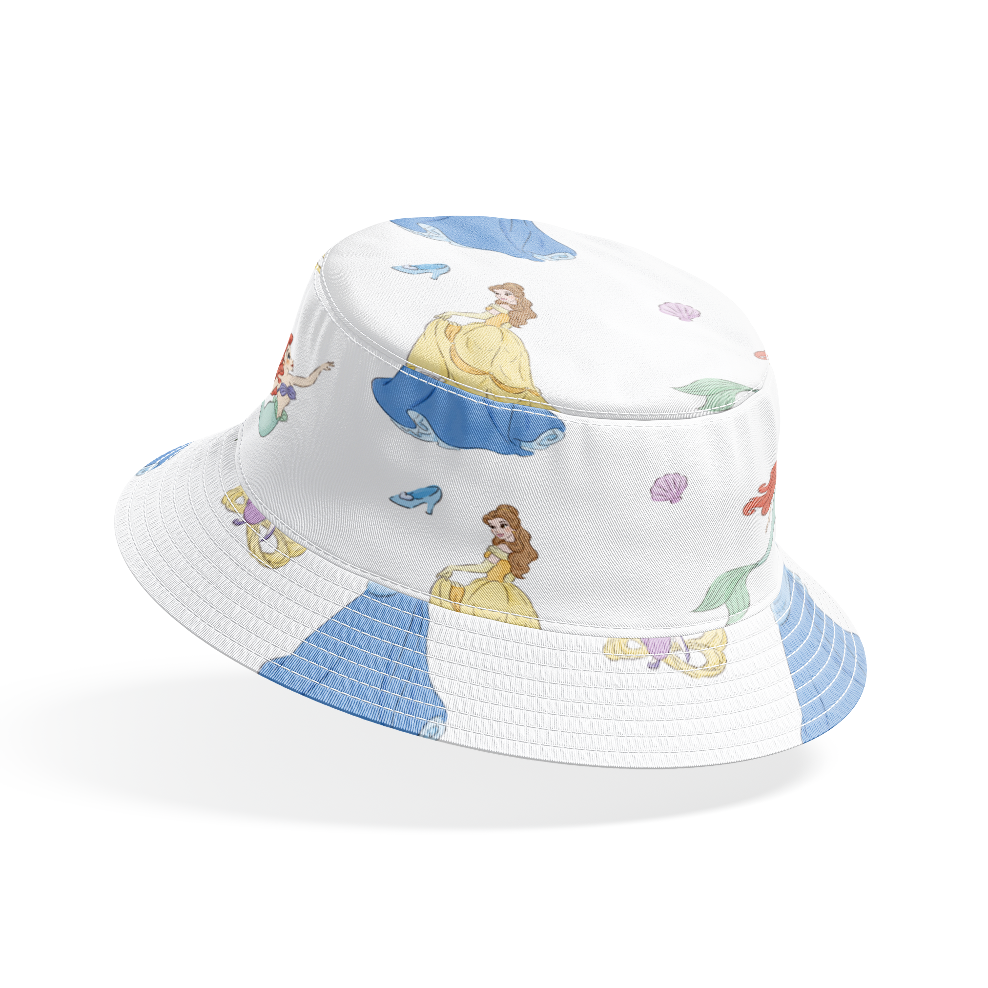Disney princesses pattern with yellow gown, mermaid with tail, purple dress, roses and shells on light blue background. bucket hat mockup