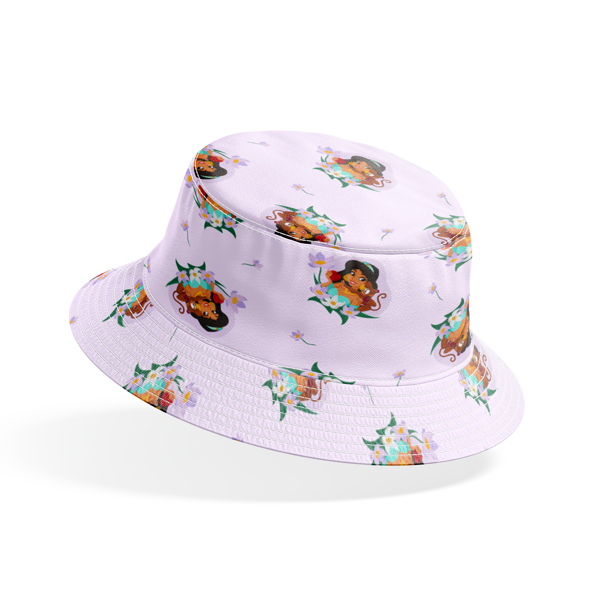 Cartoon pattern of Princess Jasmine with tiger cub surrounded by flowers on light pink background bucket hat mockup