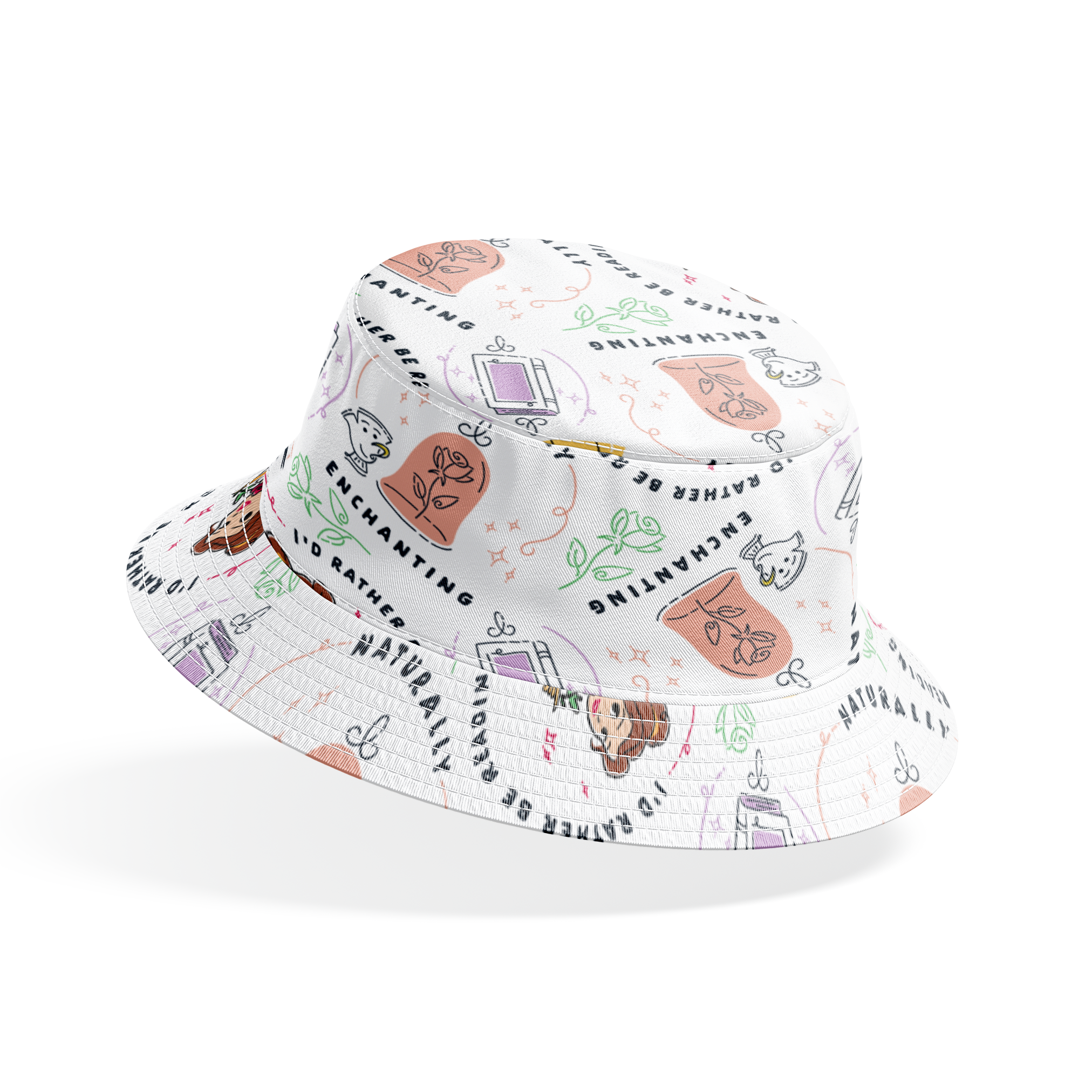 Pattern of cartoon princess in yellow dress with roses, perfume bottles, and phrases like "Enchanting" and "I'd rather be dreaming bucket hat mockup