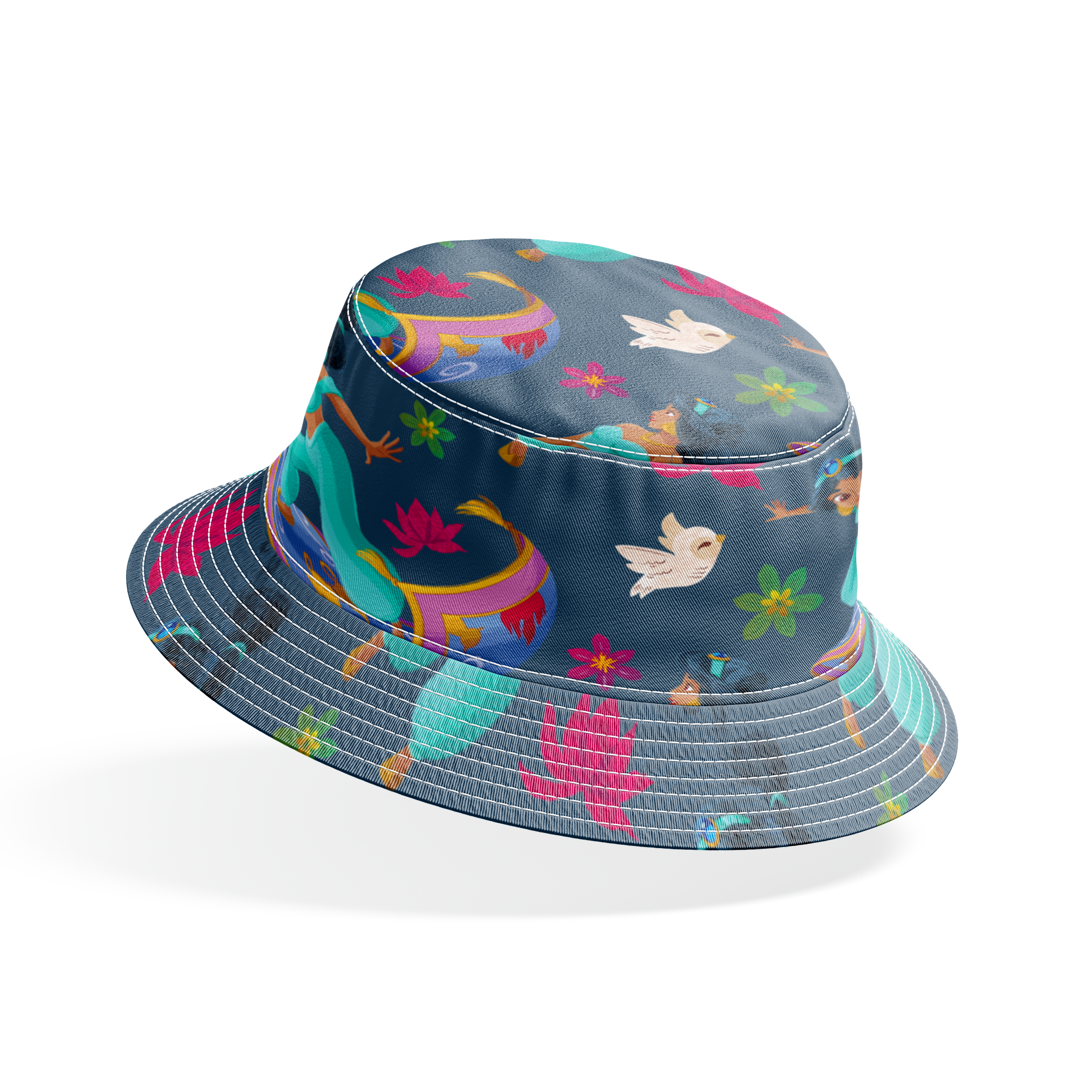 Animated characters in turquoise outfits flying on magic carpets with white doves, lotus flowers, and a golden lamp against dark background. bucket hat mockup