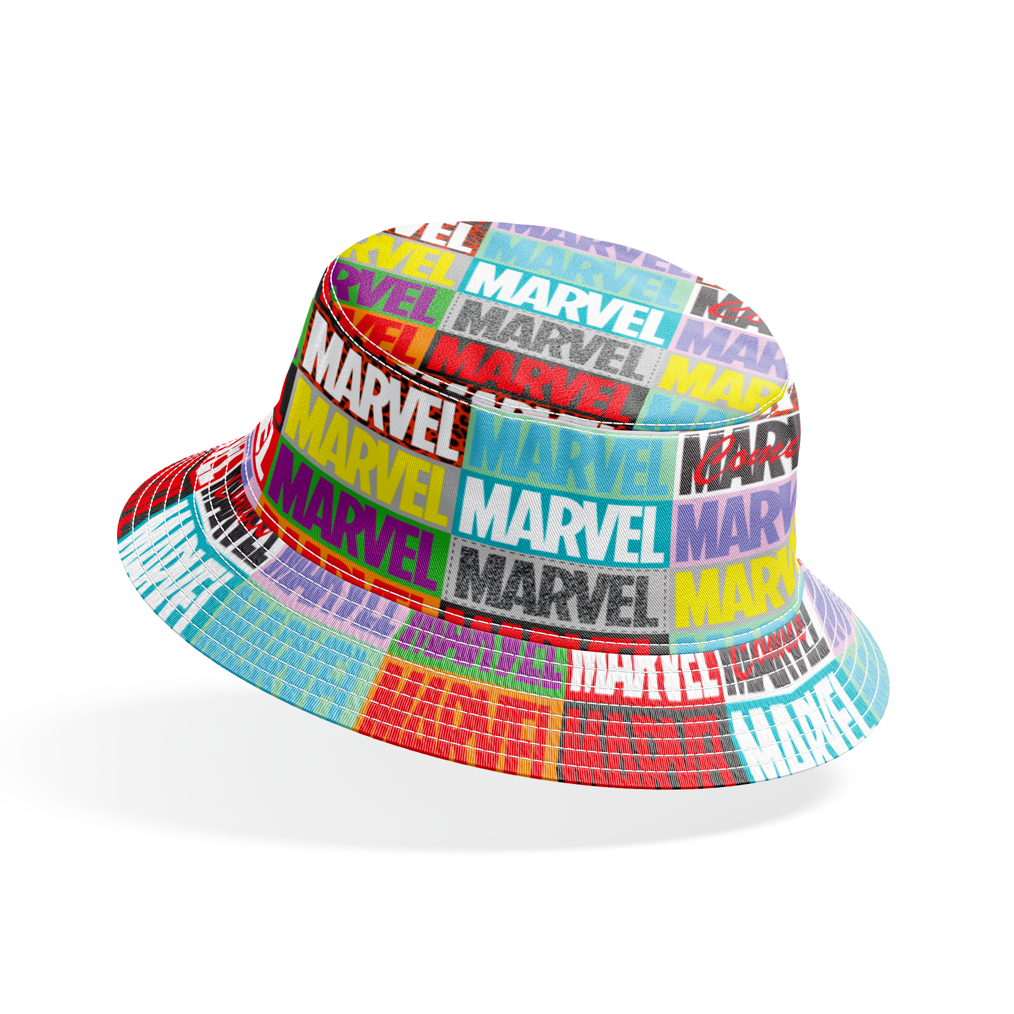 Colorful grid pattern of Marvel logos in various colors including red, blue, yellow, teal, purple, and gray against contrasting backgrounds bucket hat mockup