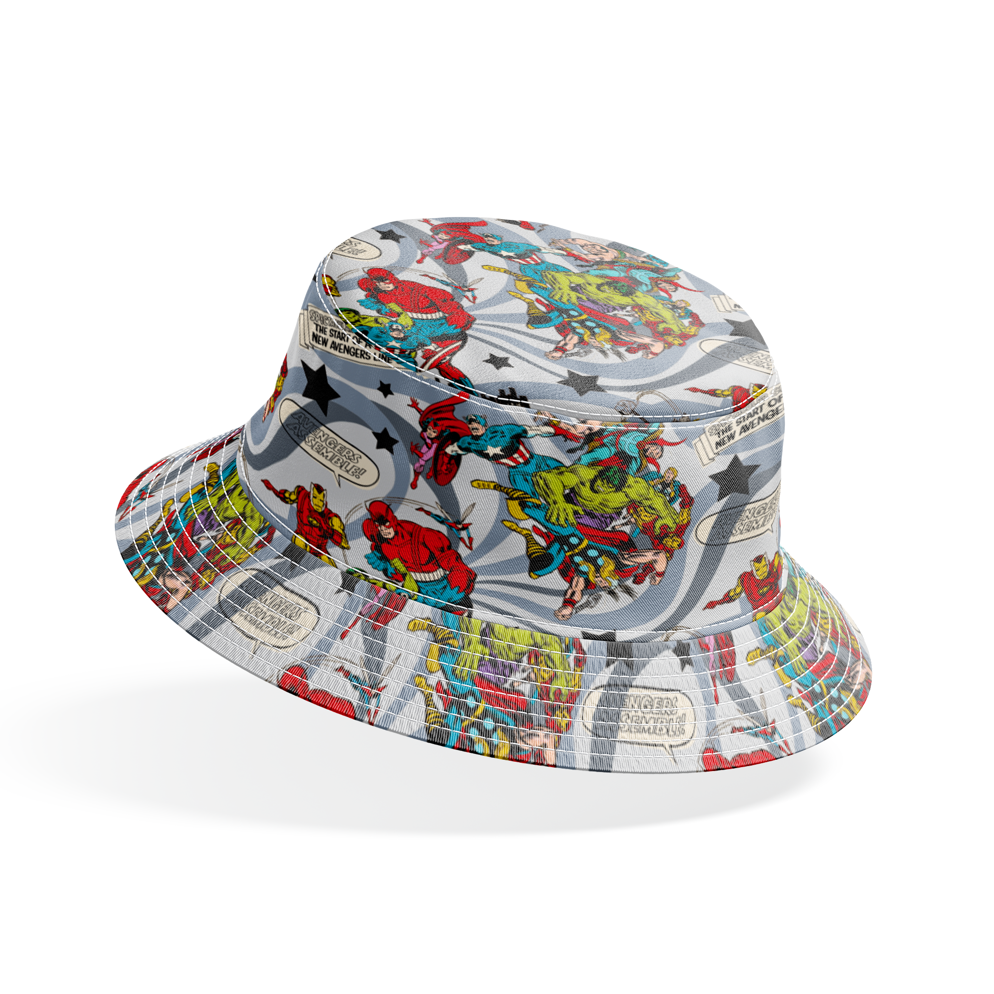Colorful comic book style pattern with Marvel superheroes on gray background with stars and swirls bucket hat mockup
