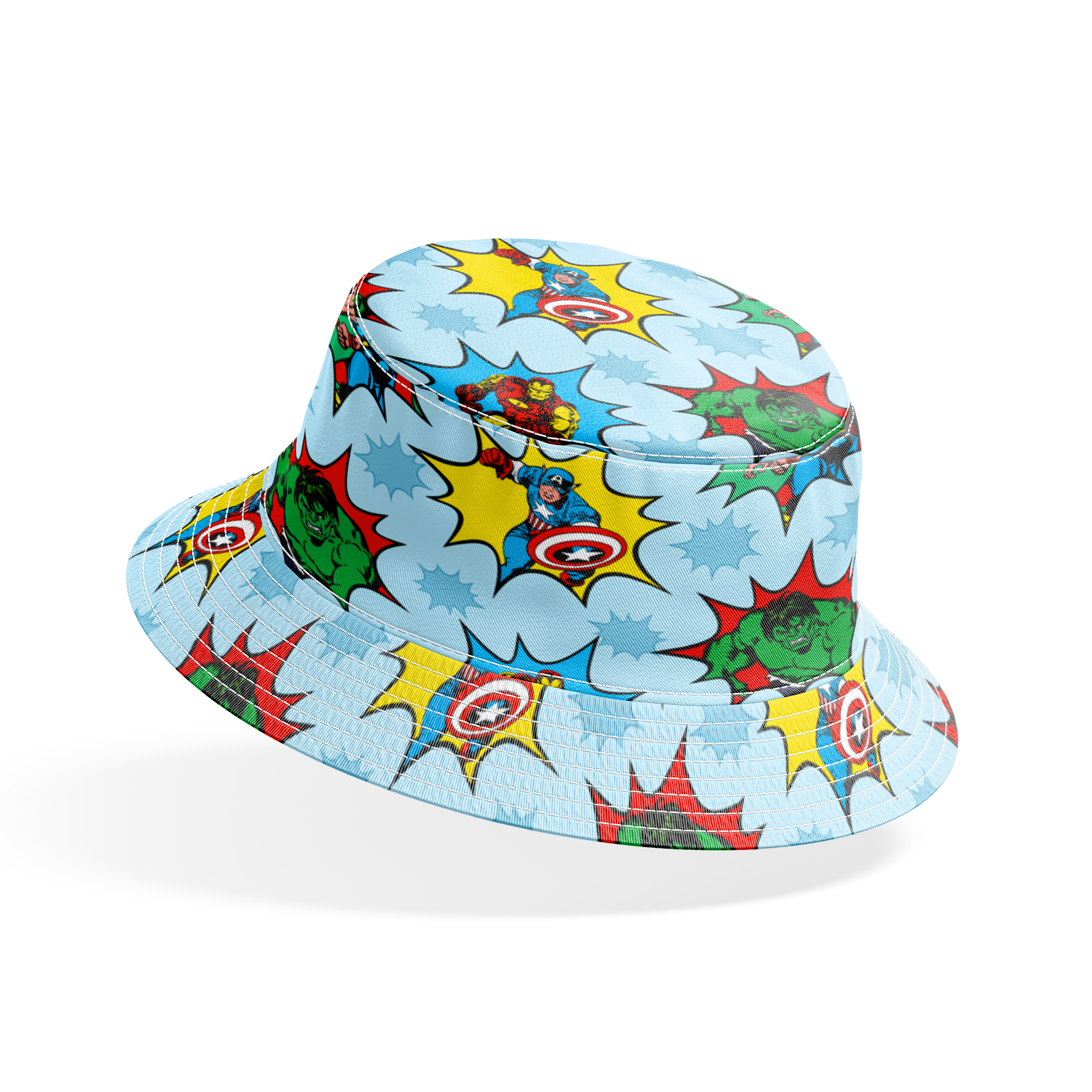 Marvel superhero pattern with Captain America, Iron Man, and Hulk in colorful burst designs on a blue background. bucket hat mockup