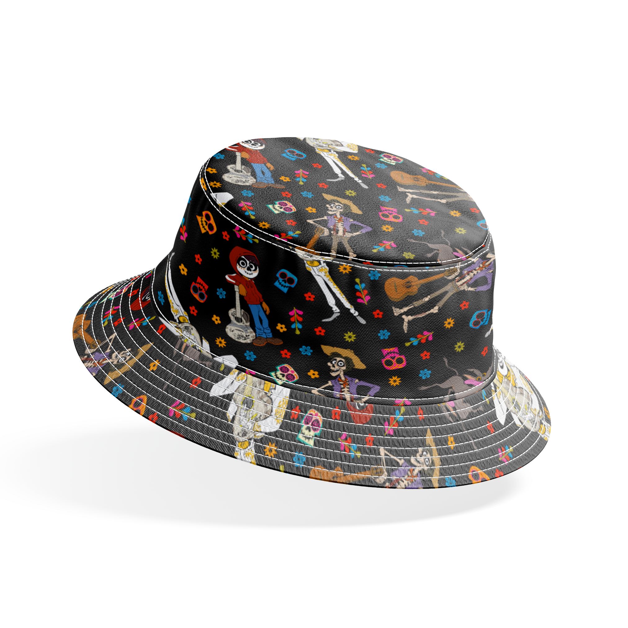 Colorful Coco Day of the Dead pattern with skeleton figures playing instruments, skulls, and flowers on black background bucket hat mockup