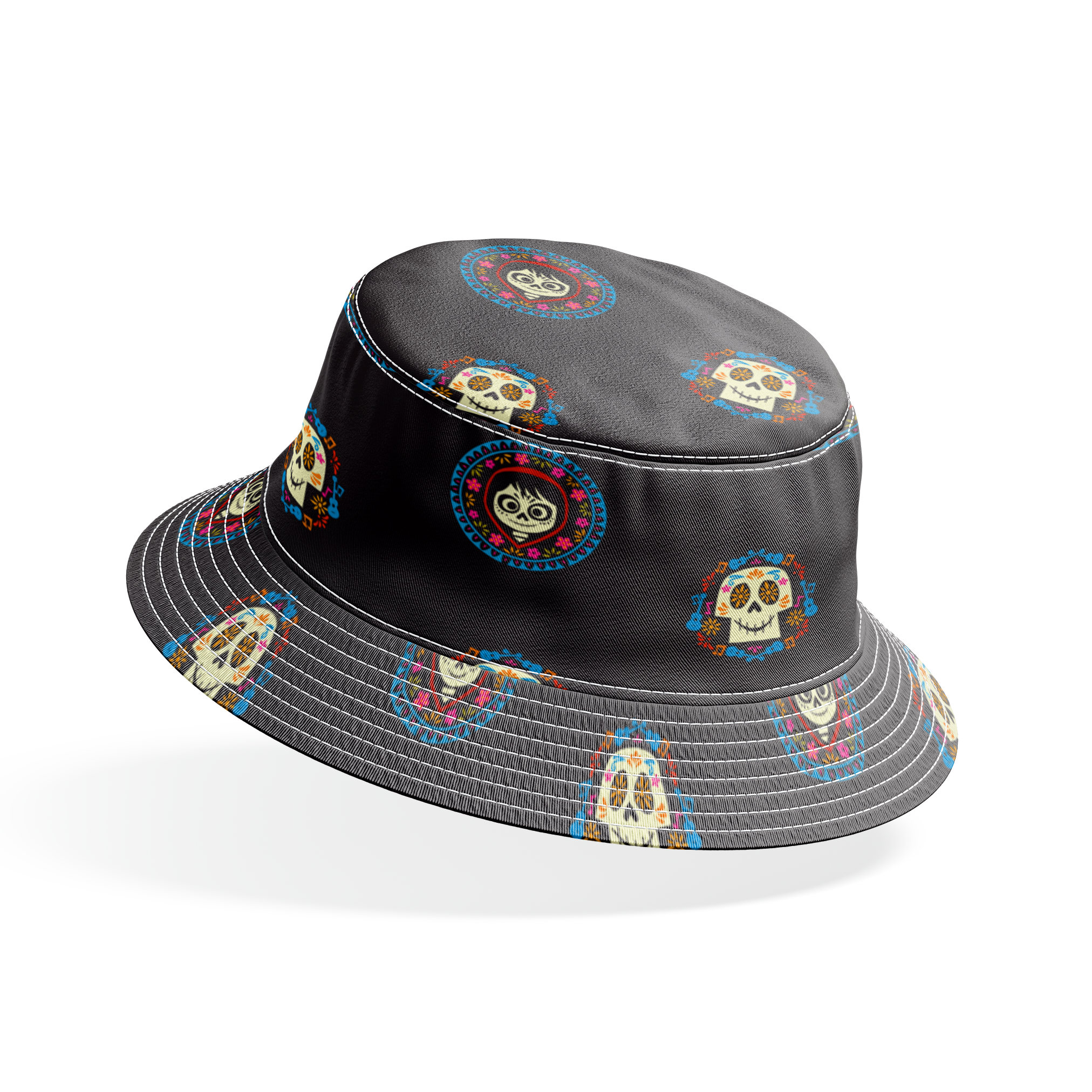 Colorful Coco sugar skull pattern with decorative circular borders on black background bucket hat mockup