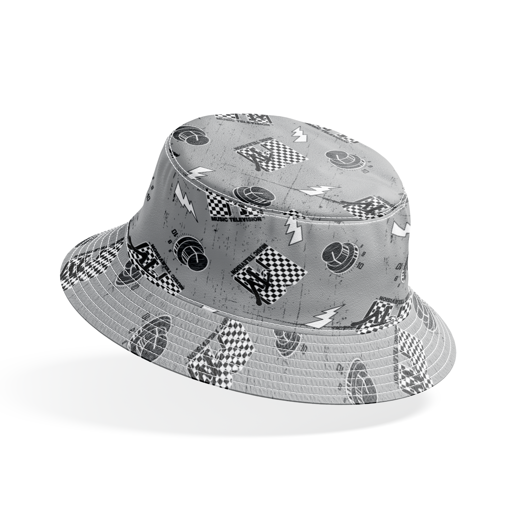 Motorsport pattern with checkered racing flags, lightning bolts, and helmets on gray background bucket hat mockup