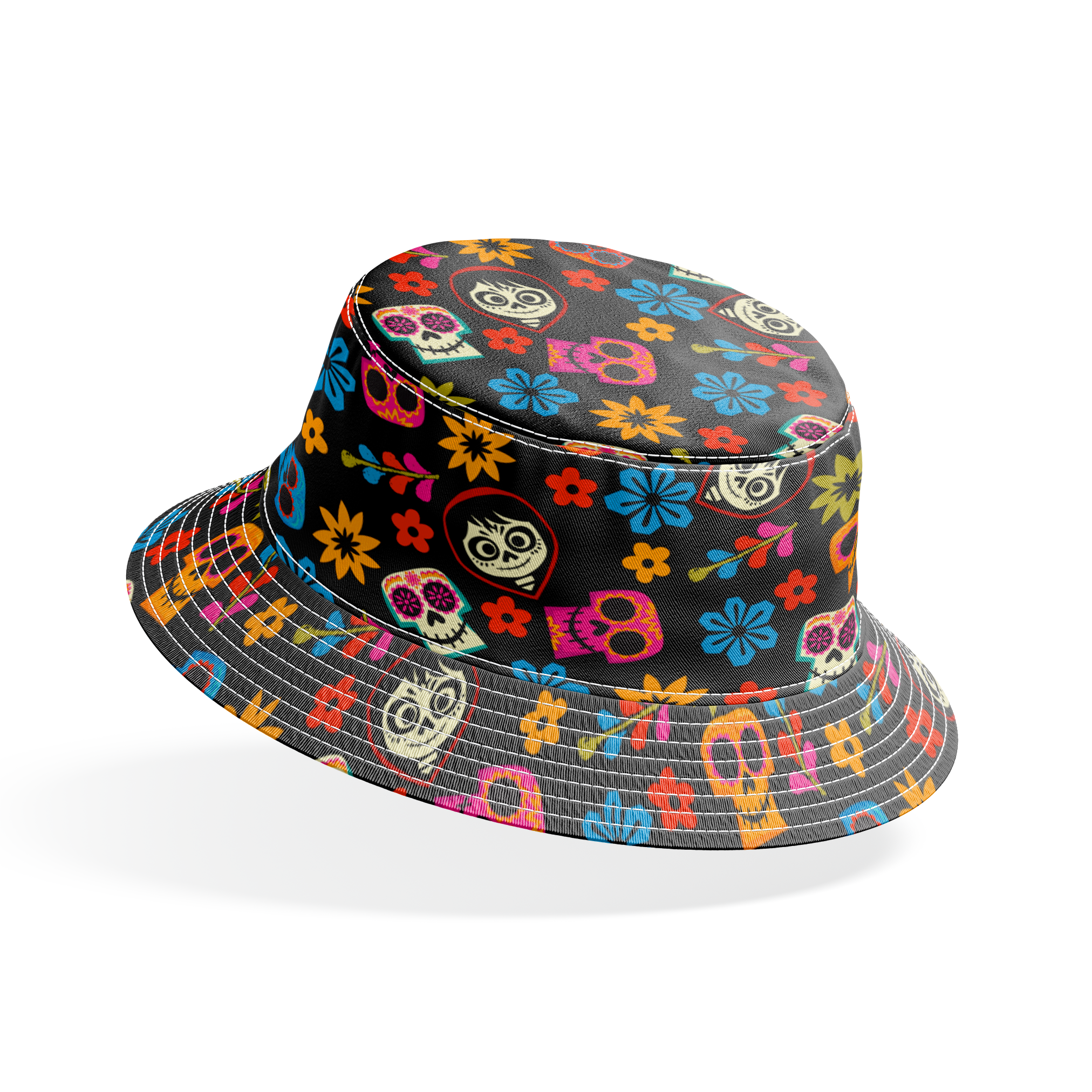 Colorful Coco sugar skull pattern with floral designs on black background for Day of the Dead bucket hat mockup