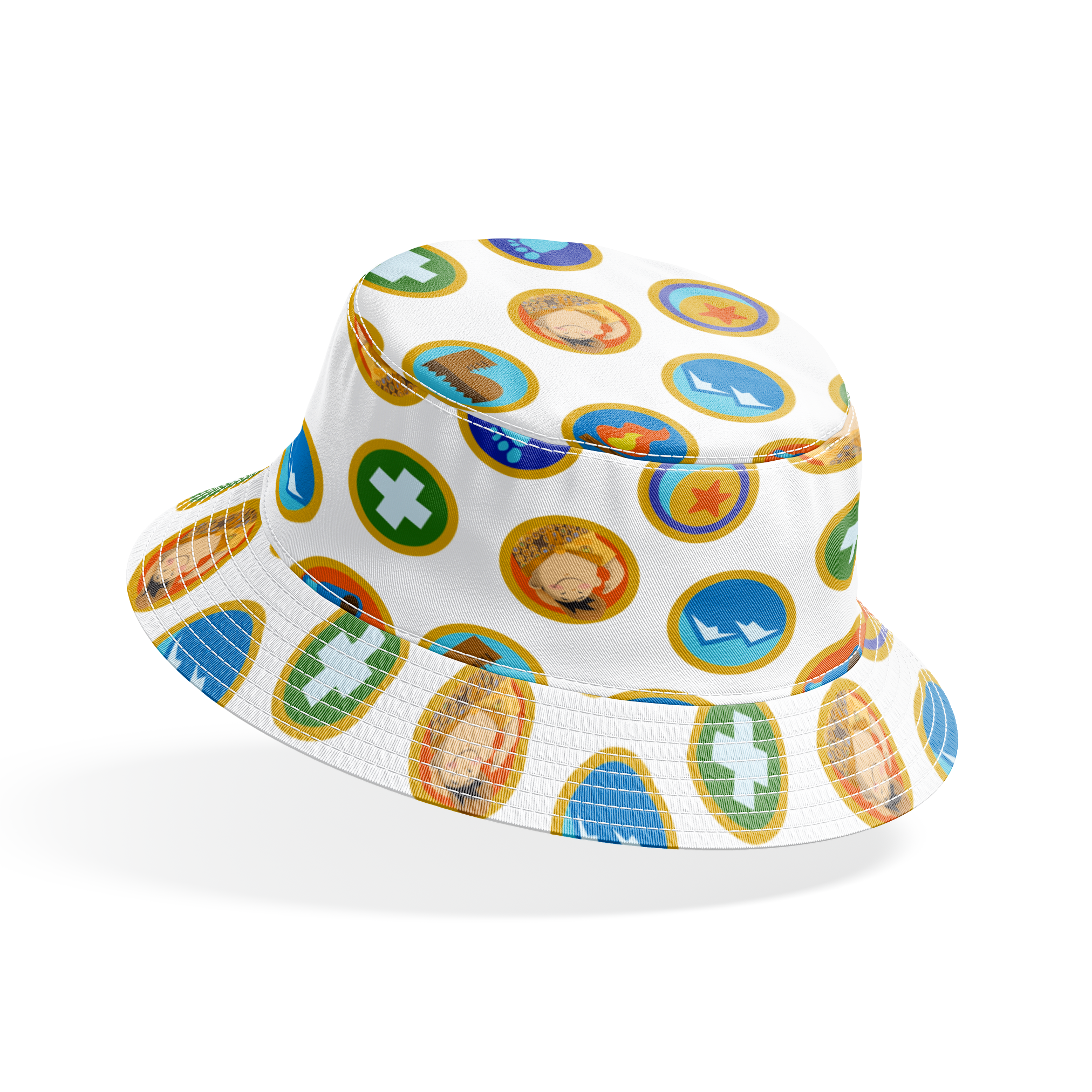 Colorful Up-inspired circular badges with outdoor adventure symbols including footprint, star, first aid cross, boots, and hiking equipment. bucket hat mockup