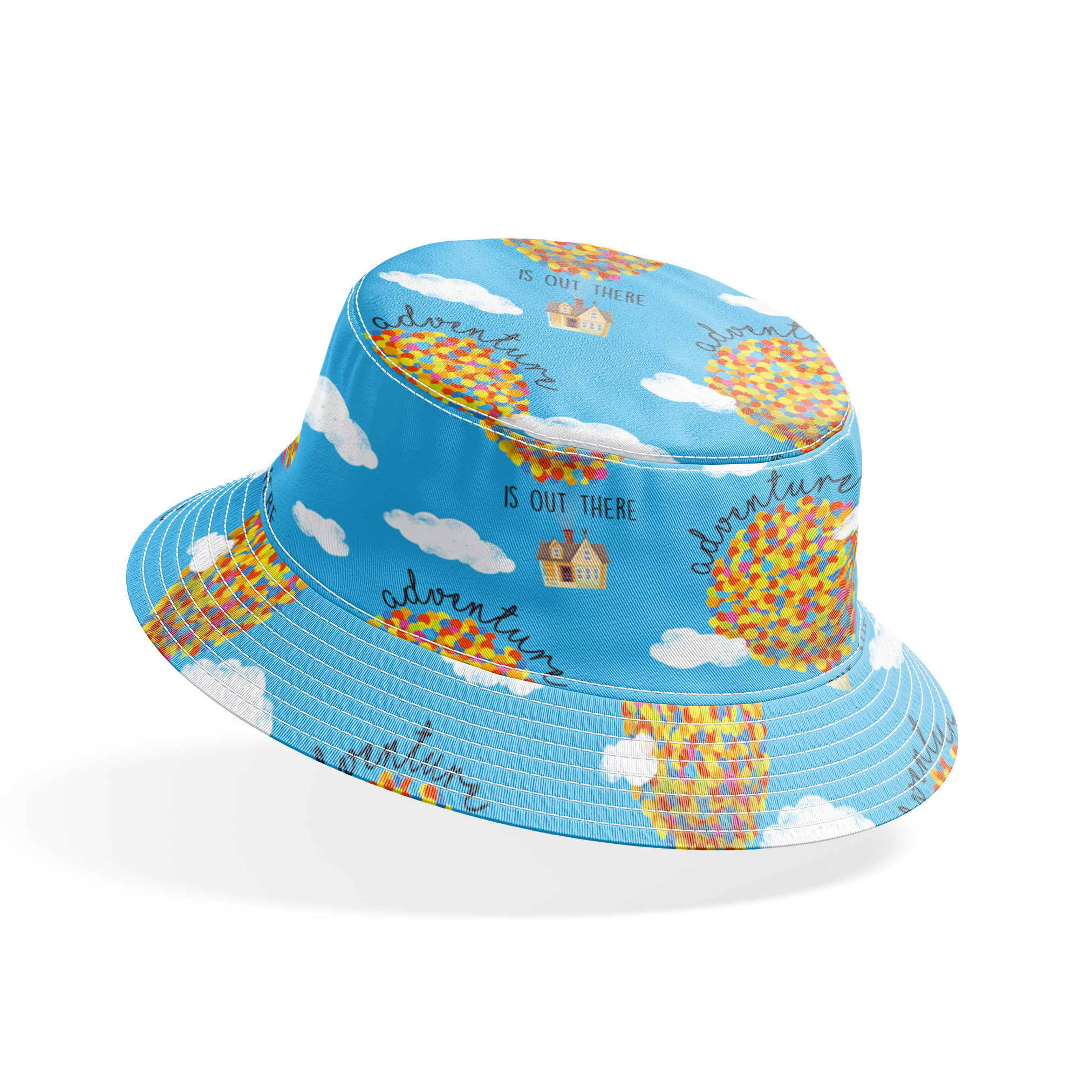 Colorful Up-inspired balloon houses floating in blue sky with text "Adventure is out there" repeating in pattern bucket hat mockup