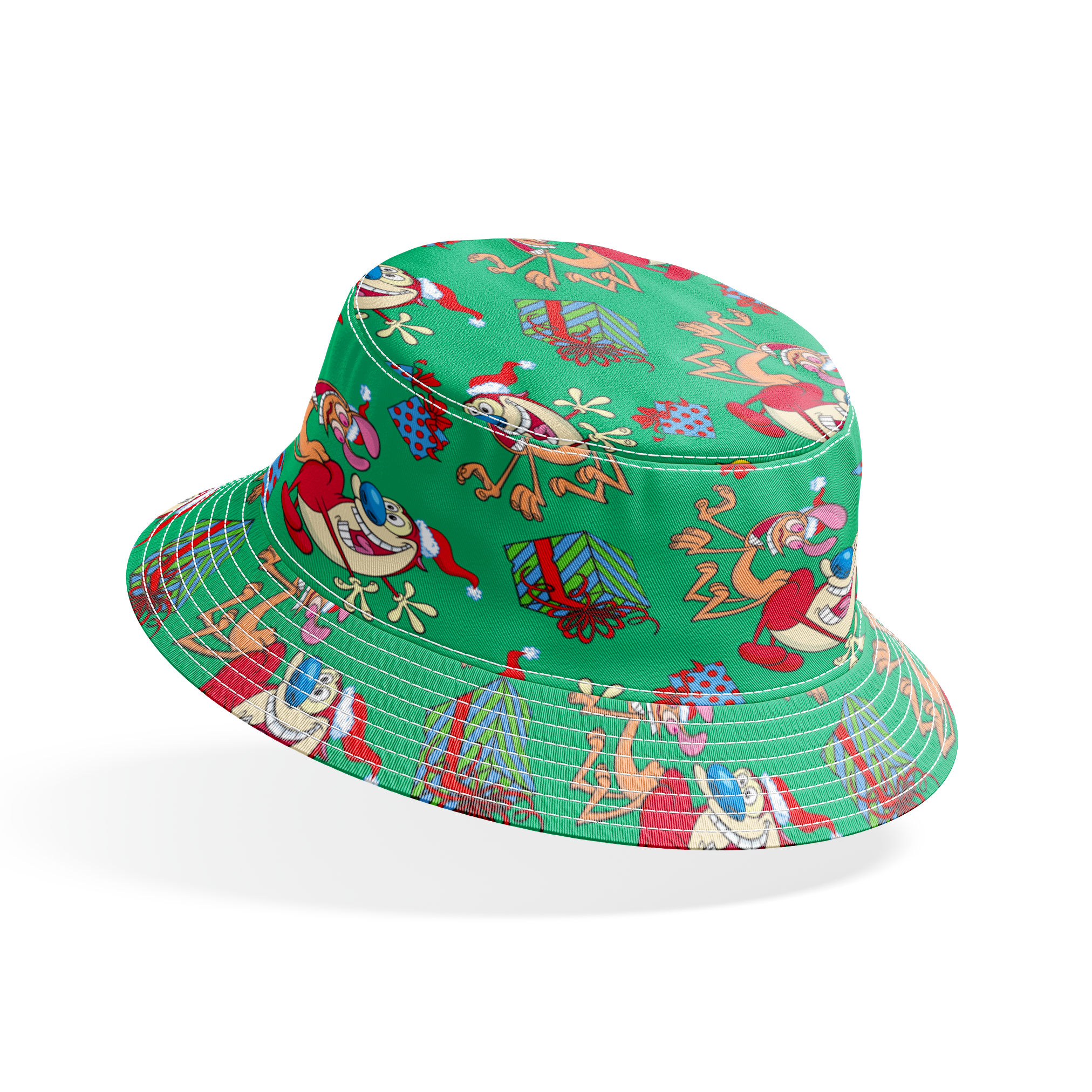 Whimsical cartoon Christmas pattern with elves, Santa figures, and colorful gifts on green background bucket hat mockup