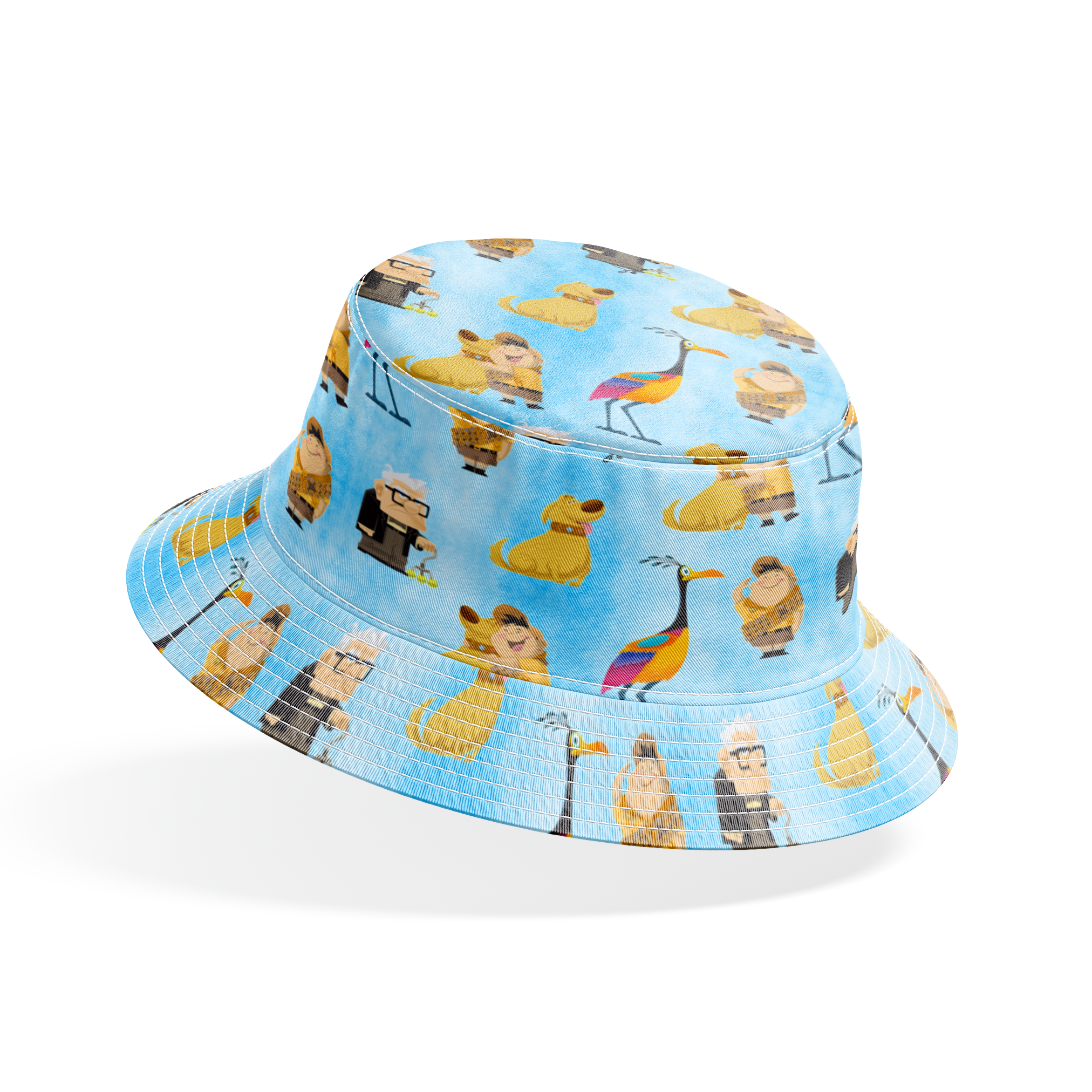 Colorful Up-inspired pattern with cartoon characters including elderly man, explorer, golden dog, and tropical bird on light blue background bucket hat mockup
