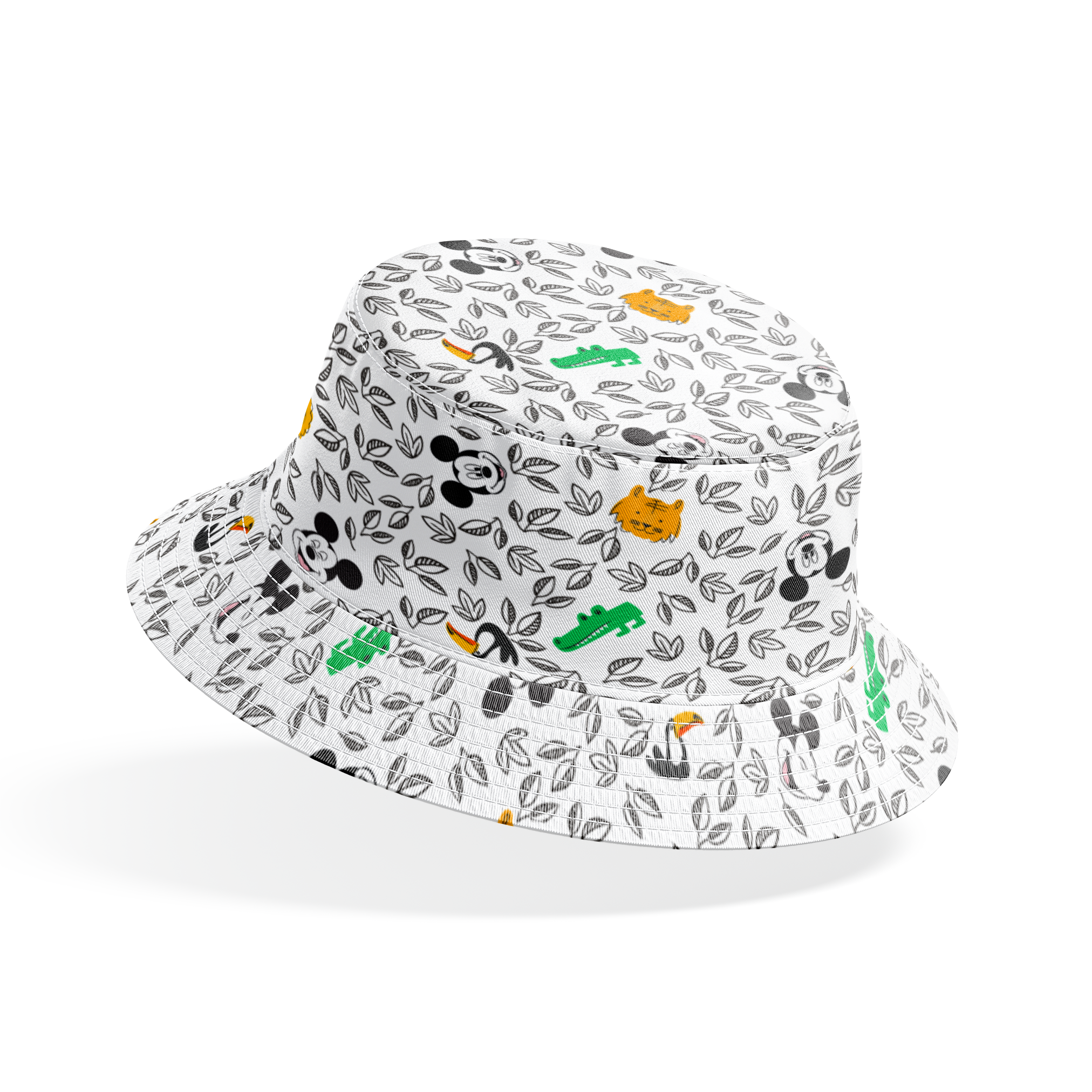 Pattern of cartoon Mickey Mouse silhouettes with yellow honeycomb, green bamboo, and black and white leaves bucket hat mockup