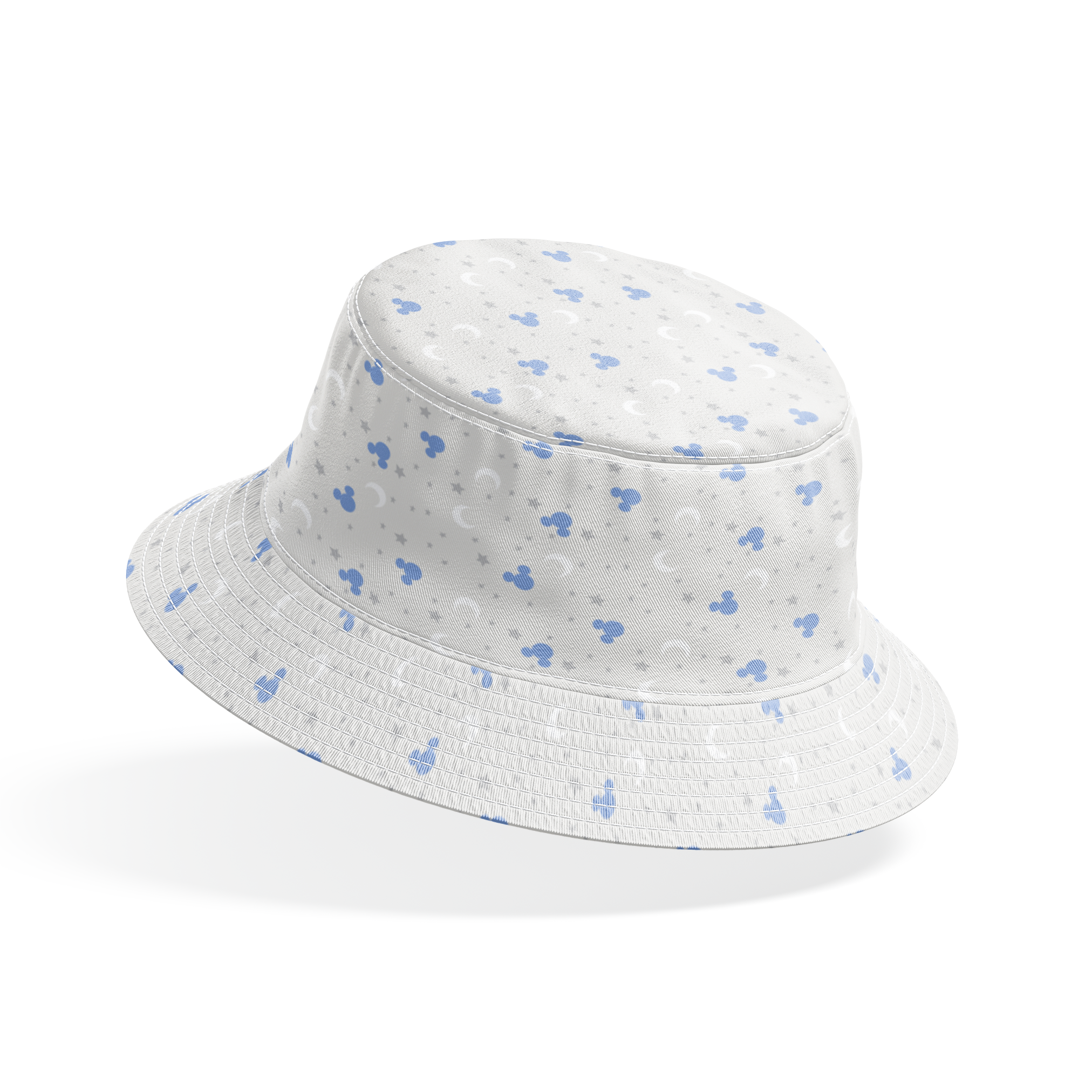 Blue Mickey Mouse silhouettes with white moons and gray stars on light gray background bucket hat mockup