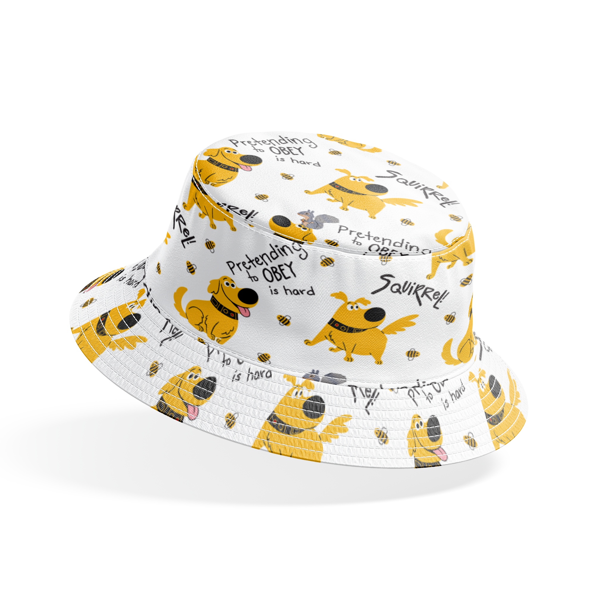 Cartoon Up-inspired dog with wings chasing bees, text "Pretending to OBEY is hard" and "SQUIRREL! bucket hat mockup