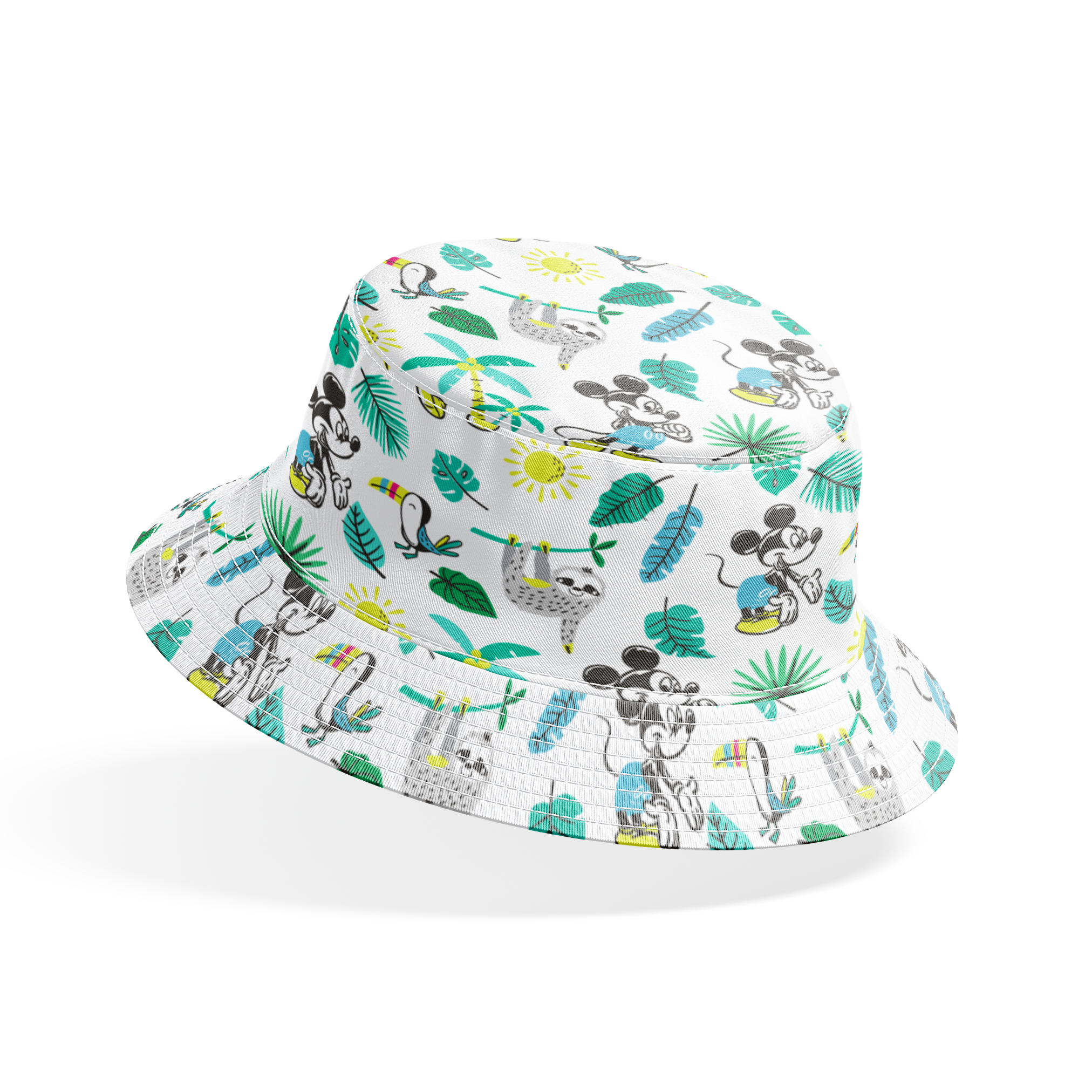 Tropical pattern with cartoon characters, sloths, toucans, palm leaves, and suns on white background bucket hat mockup