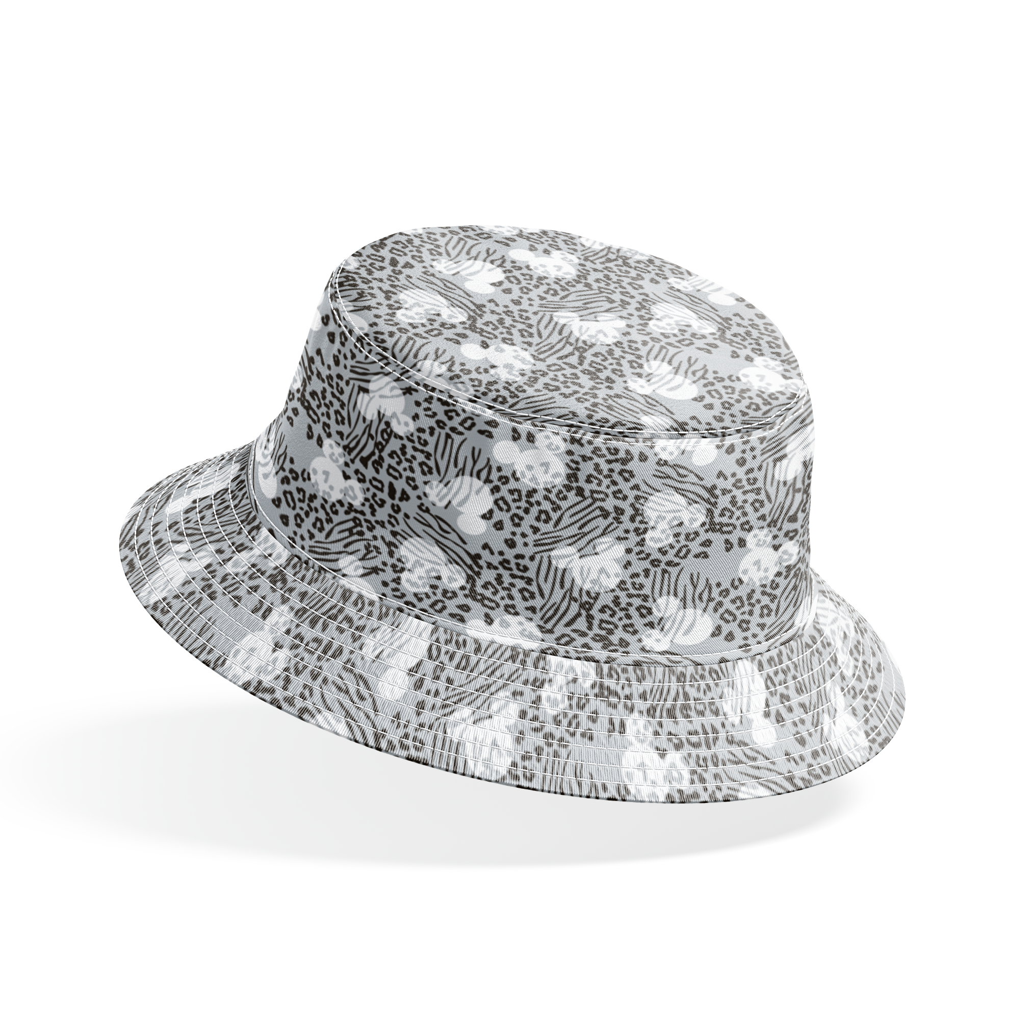 Animal print pattern with zebra stripes and leopard spots in black and white on gray background bucket hat mockup