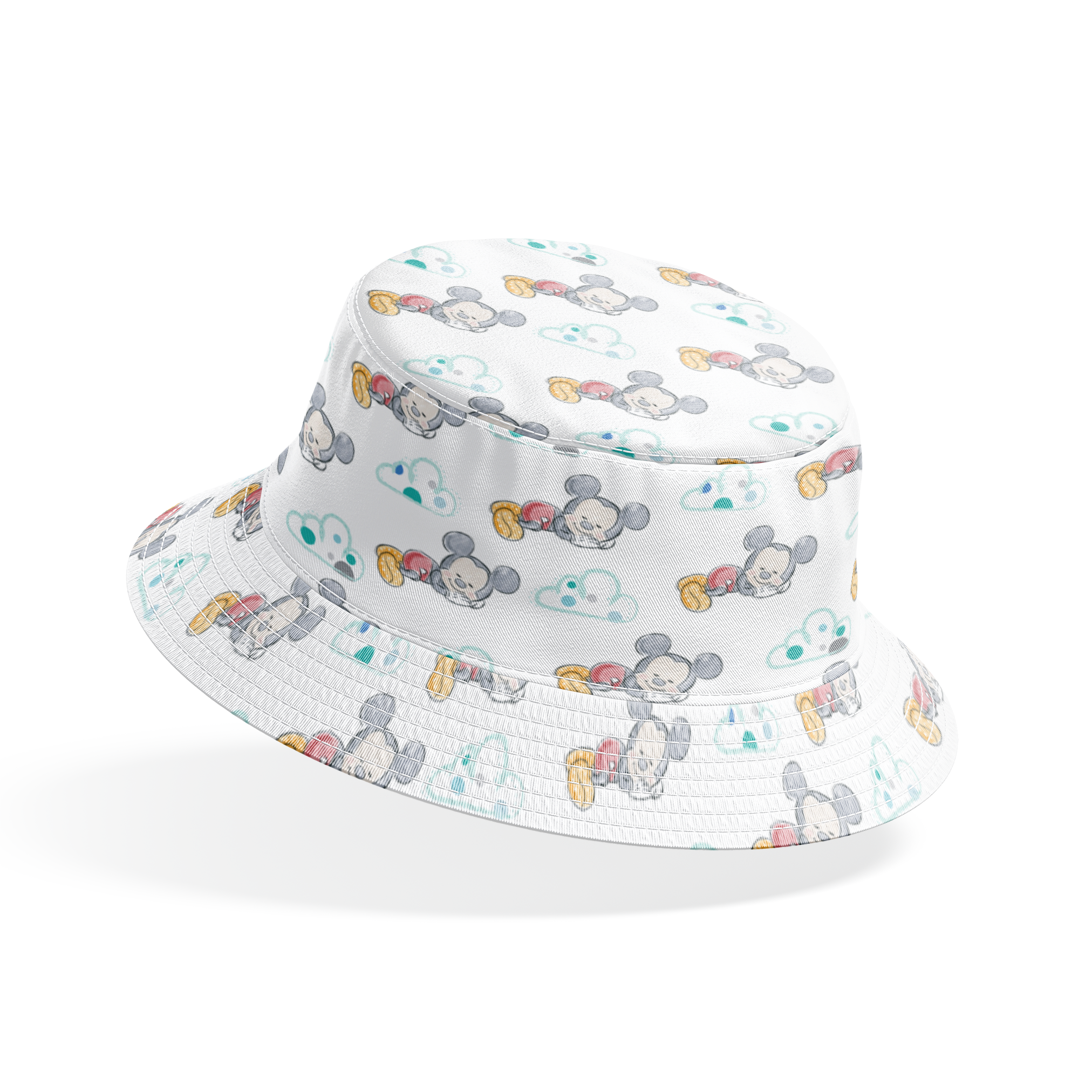 Cute cartoon mouse characters sleeping peacefully on white background with mint green clouds pattern bucket hat mockup