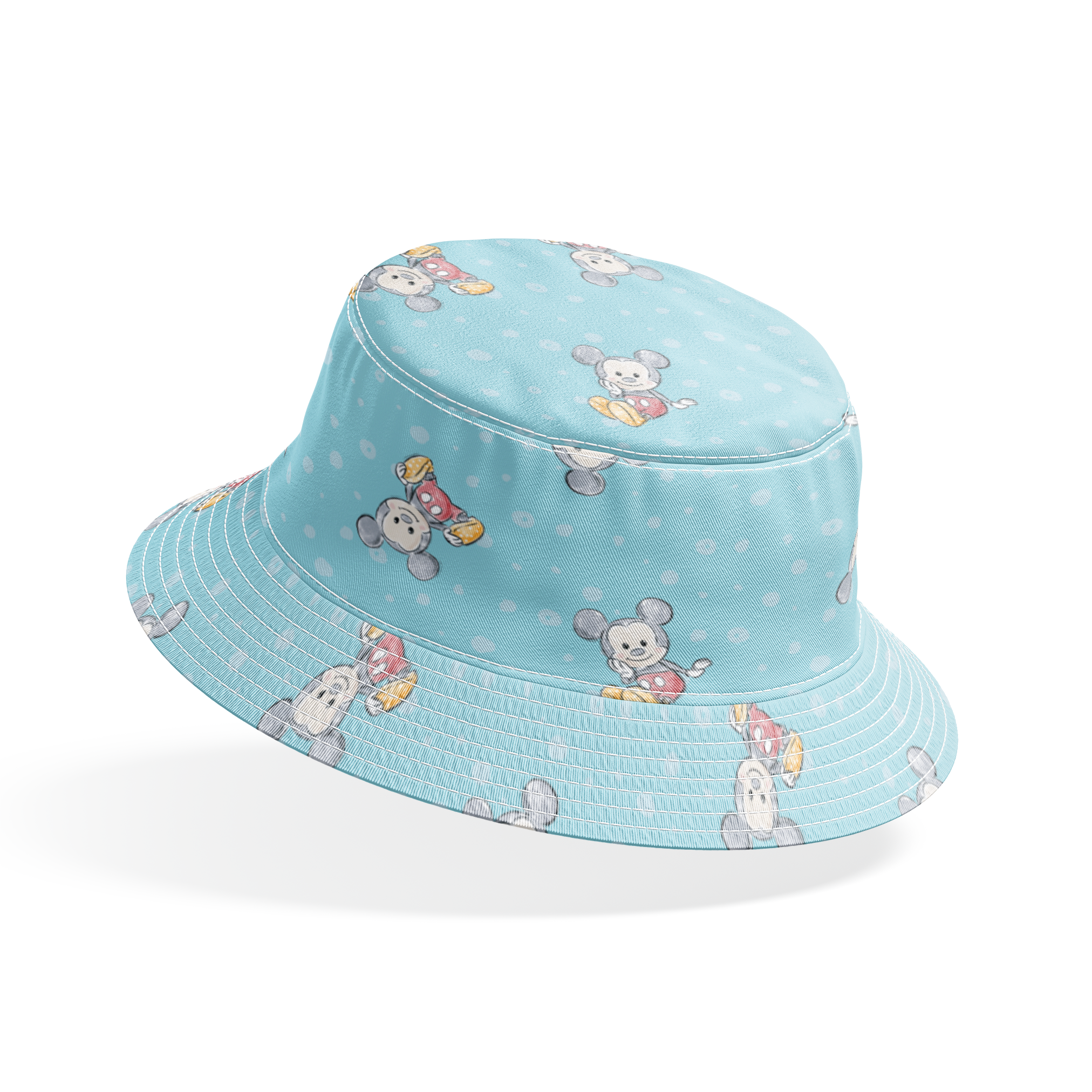 Cute cartoon mouse pattern with gray mice wearing colorful outfits on light blue polka dot background bucket hat mockup
