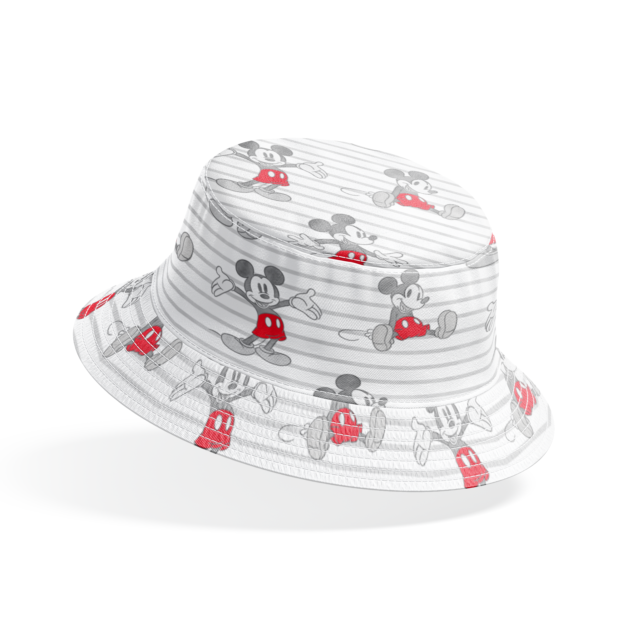 Mickey Mouse cartoon characters in various poses on gray and white striped background bucket hat mockup