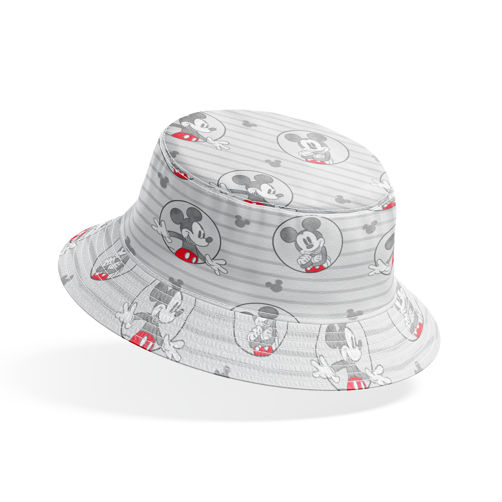 Mickey Mouse pattern on gray striped background with circular character portraits in red, black, and white bucket hat mockup