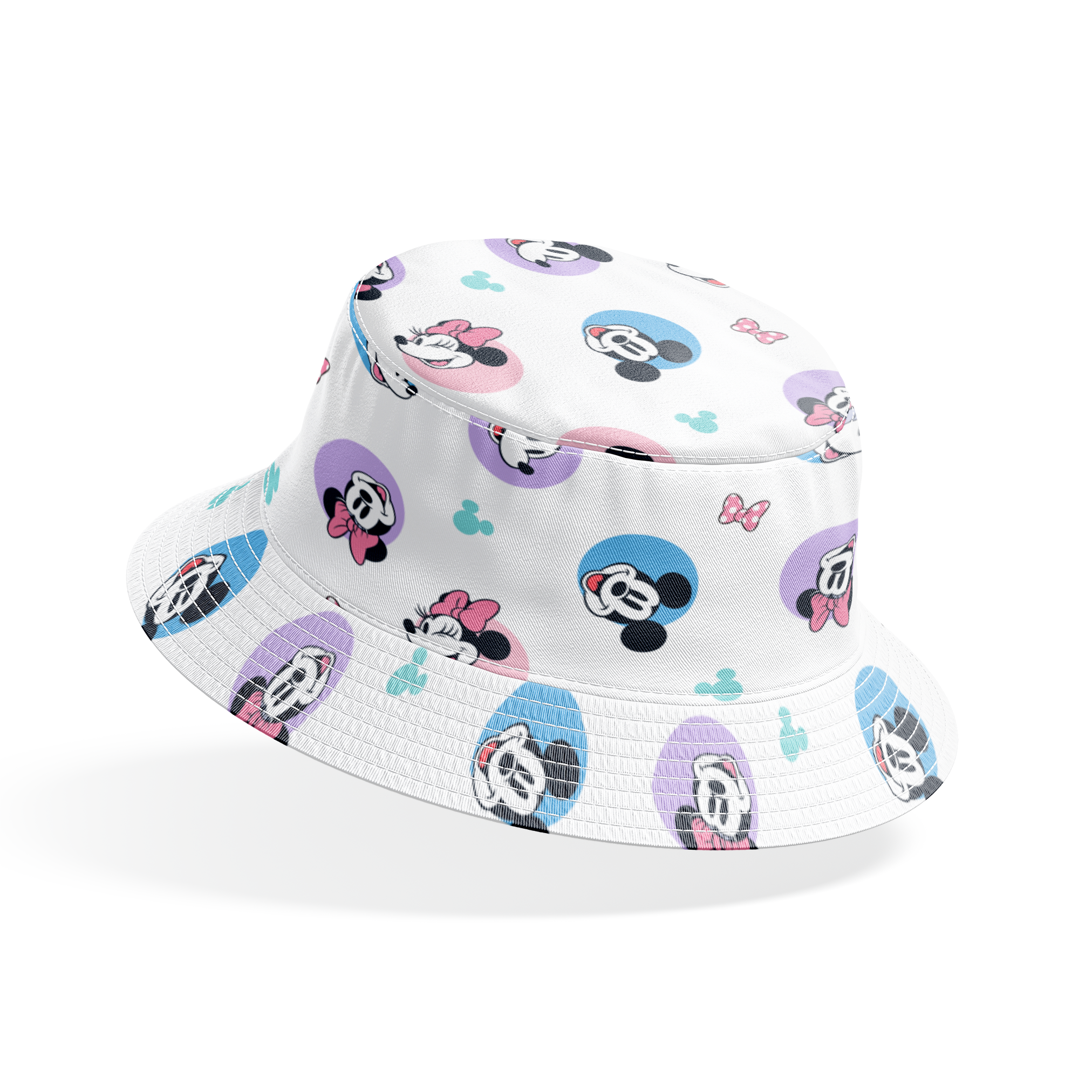 Disney Mickey and Minnie Mouse pattern with character heads on pastel circles, pink bows, and small Mickey icons bucket hat mockup