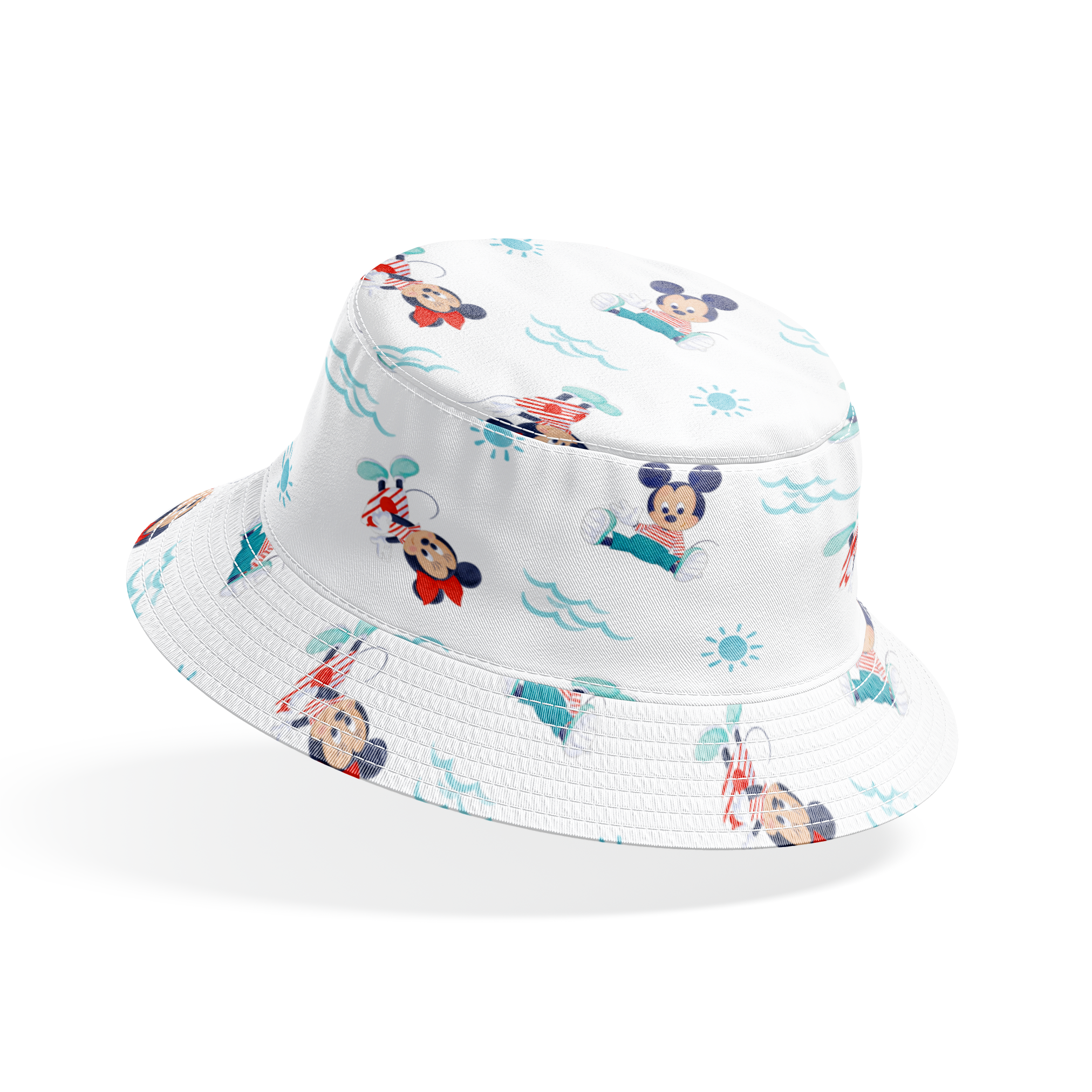 Mickey Mouse pattern with characters in various poses, blue waves and suns on white background, nautical theme bucket hat mockup