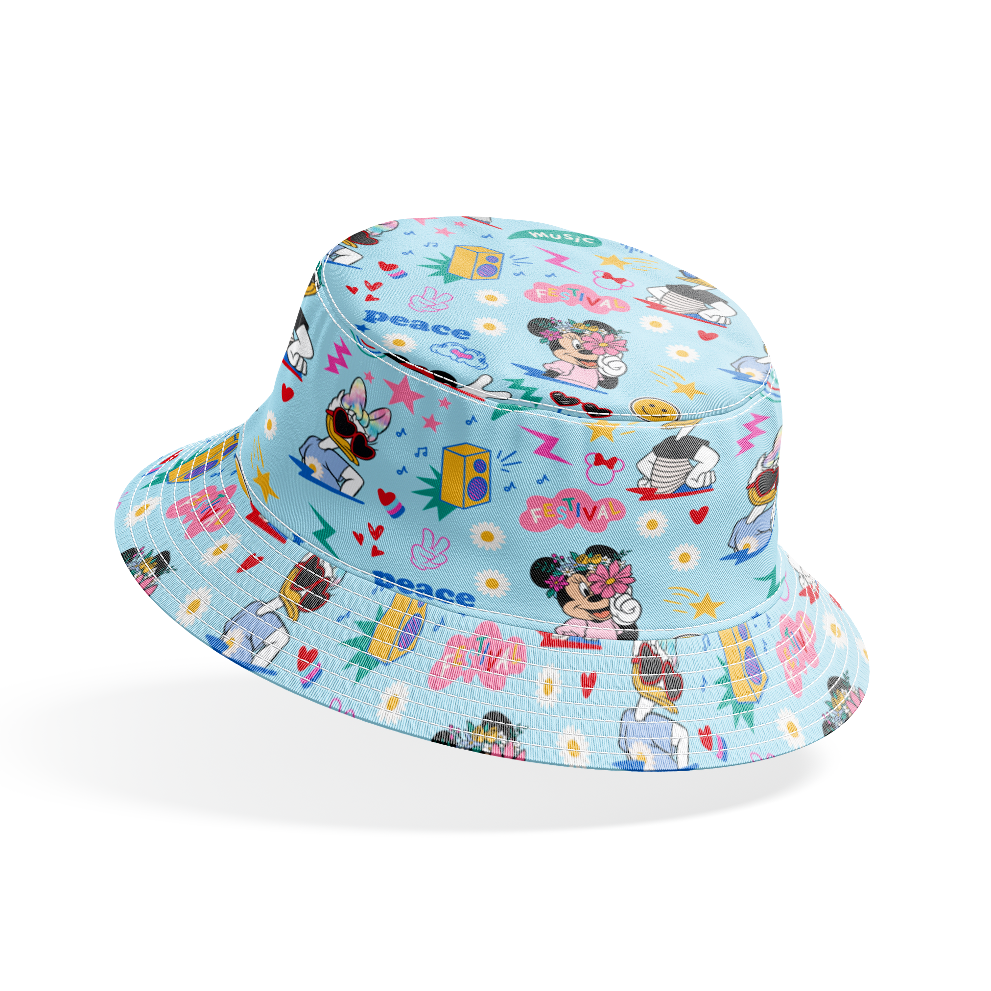 Colorful cartoon pattern with Disney characters, peace signs, stars, and music motifs on light blue background. bucket hat mockup