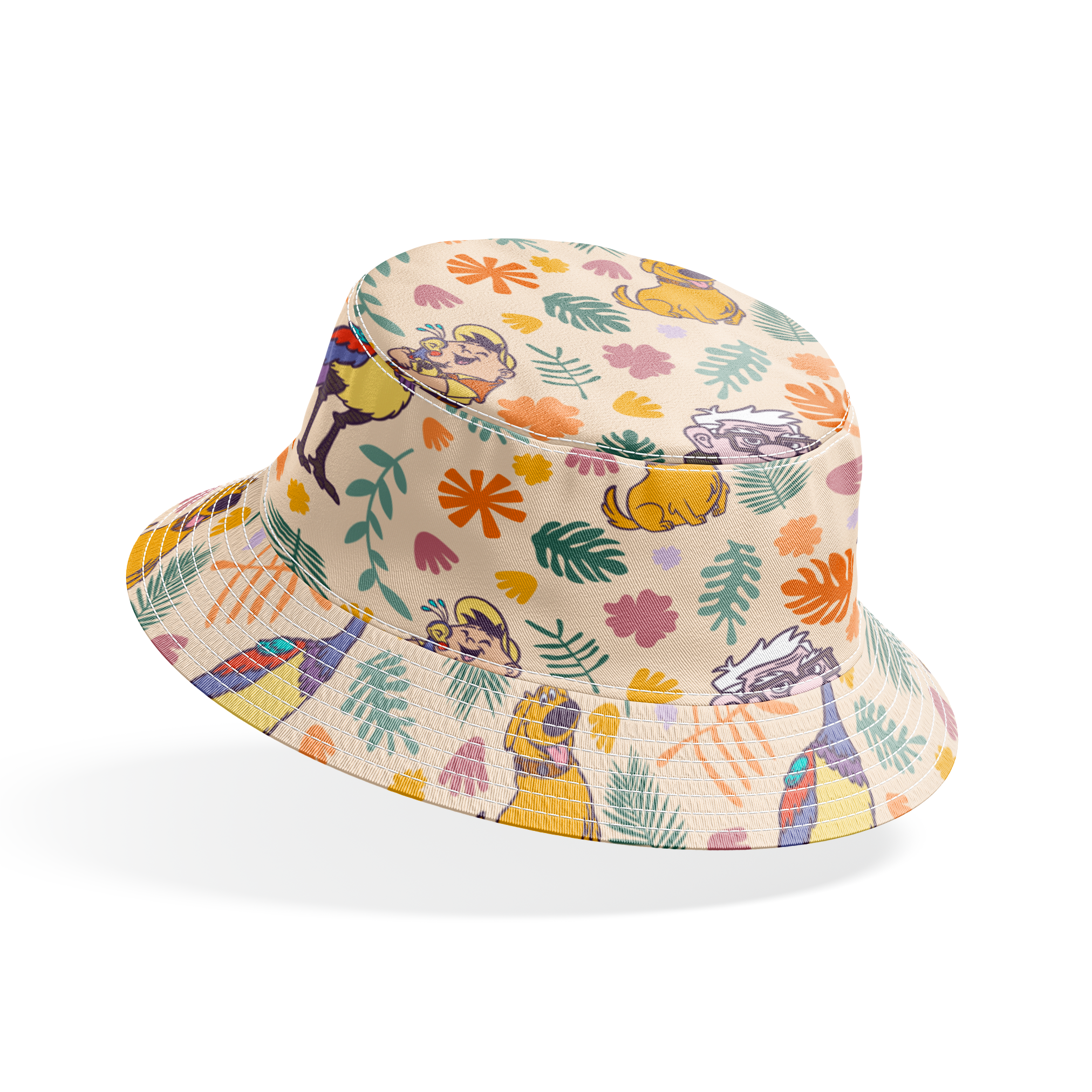 Whimsical cartoon pattern with colorful characters from Pixar's "Up" against floral background bucket hat mockup