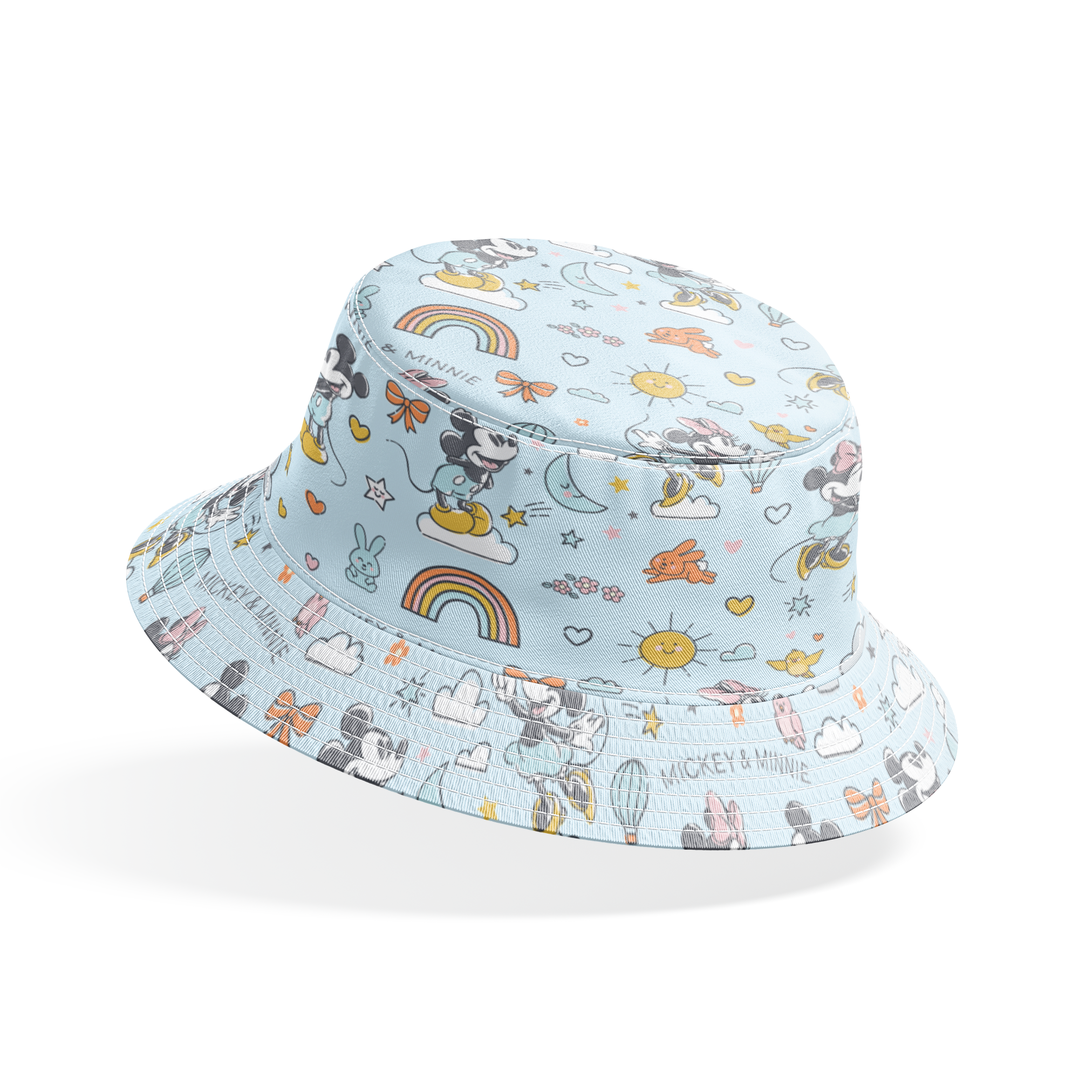 Playful Disney pattern with classic cartoon characters, rainbows, hearts, and whimsical elements on light blue background. bucket hat mockup