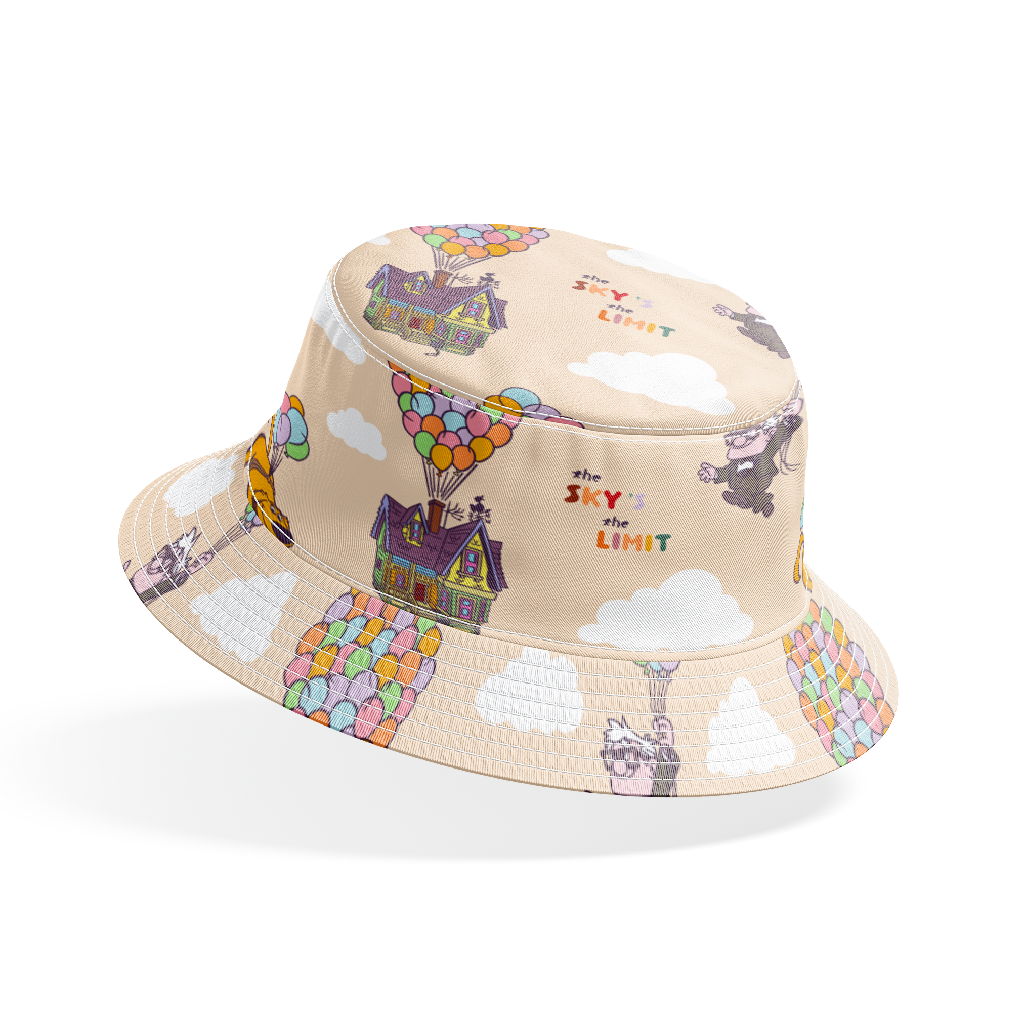 Pixar Up's characters floating with colorful balloons against beige sky with "sky's the limit" text bucket hat mockup