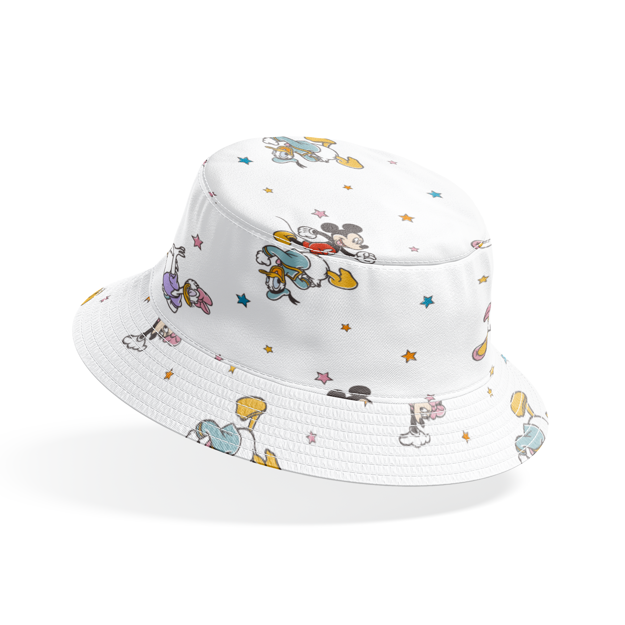 Disney characters pattern with Mickey Mouse and unicorns on white background with colorful stars bucket hat mockup
