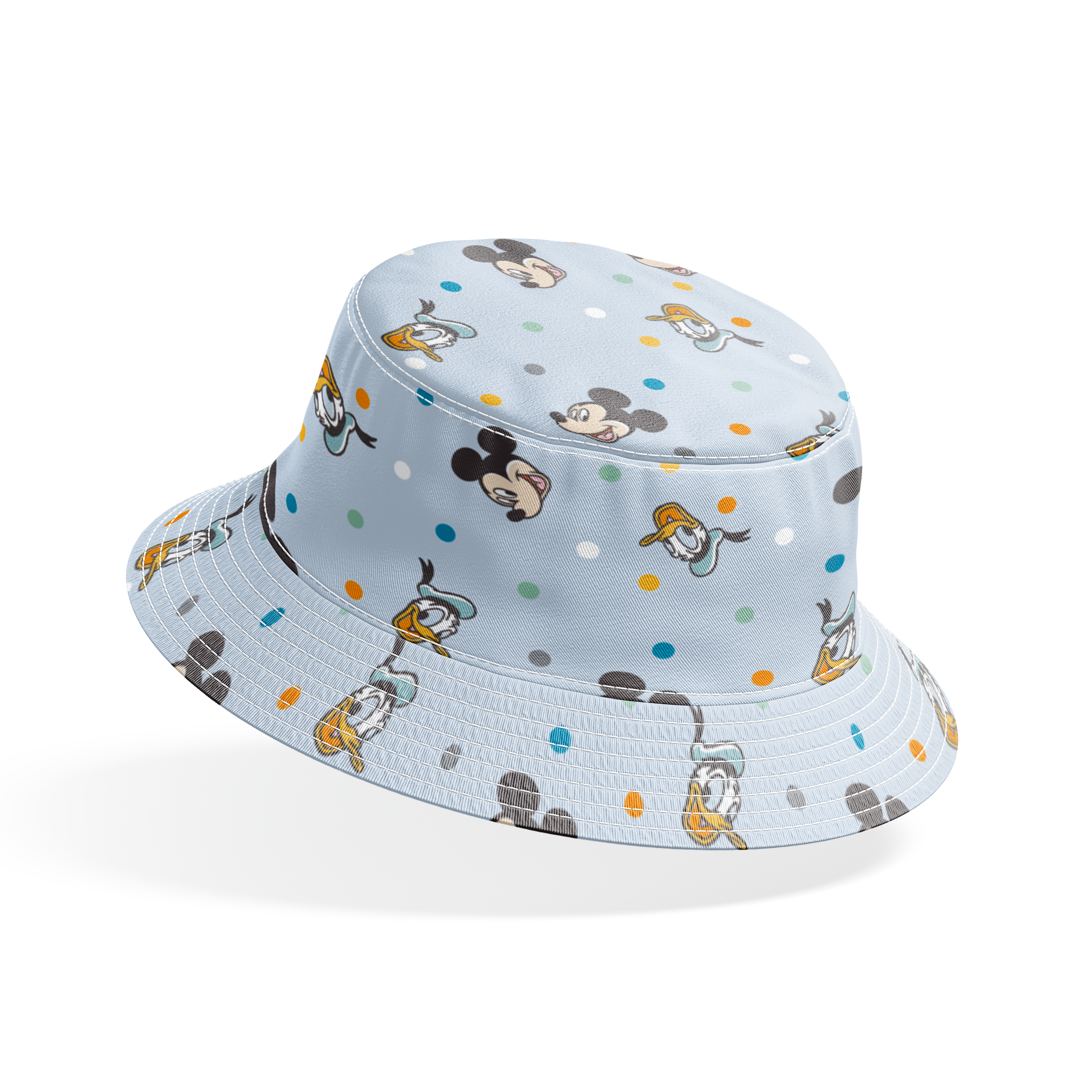 Disney character pattern with Mickey Mouse and Donald Duck heads scattered on light blue background with colorful polka dots bucket hat mockup