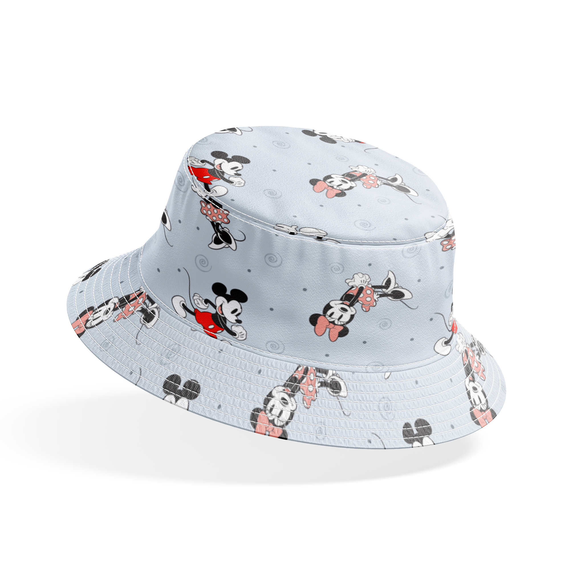 Classic Minnie and Mickey Mouse pattern with characters in various poses on light blue background with swirls bucket hat mockup