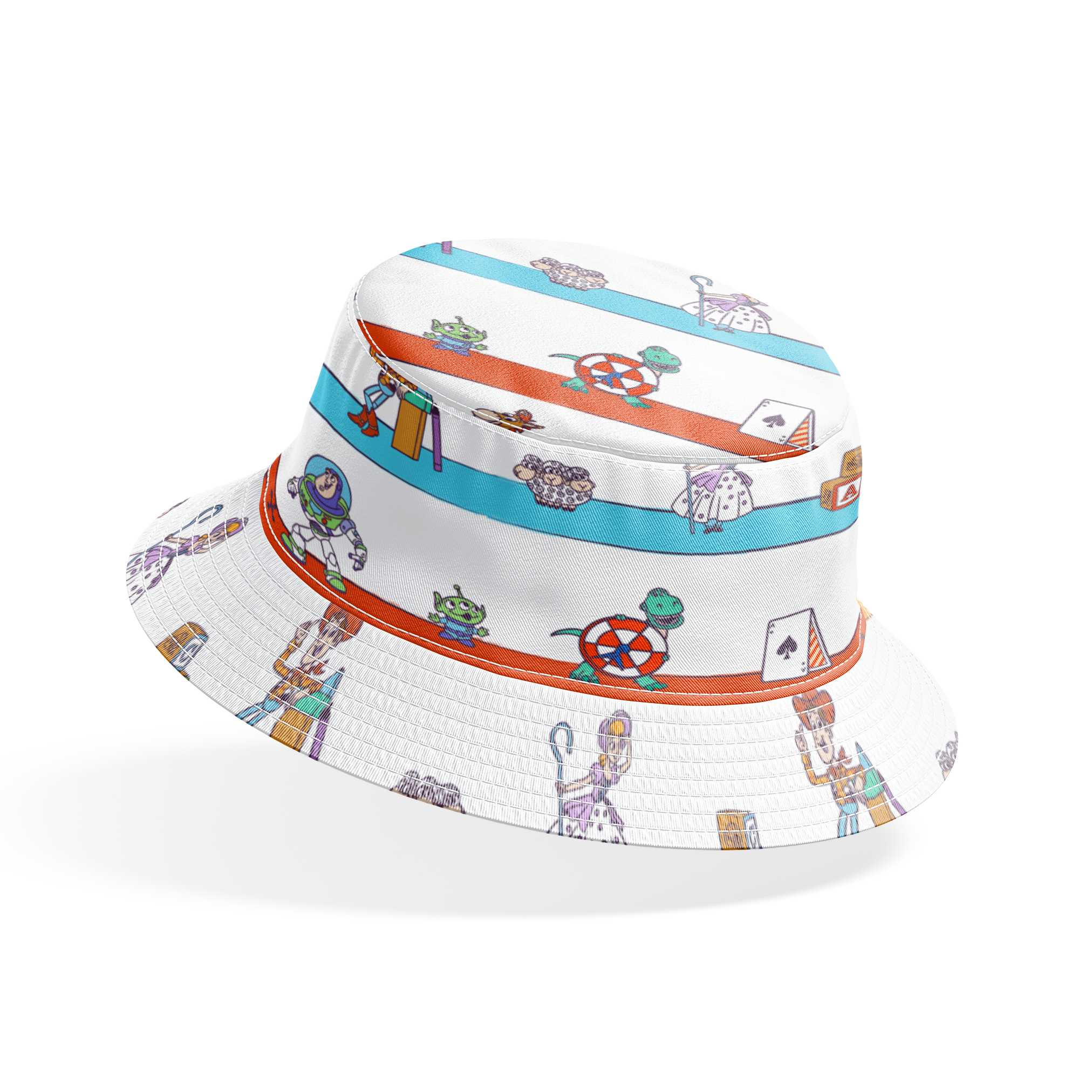 Cartoon illustration of three rows showing different Toy Story characters in action - Woody, Buzzlightyear, Jessie, & more! bucket hat mockup