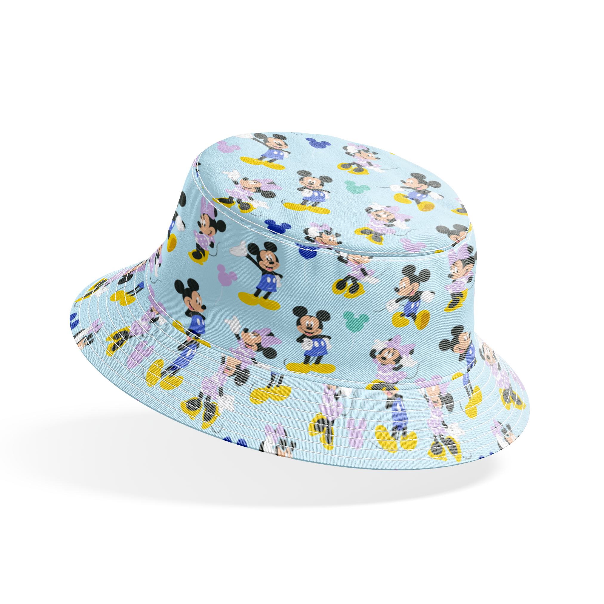 Pattern of Mickey and Minnie Mouse characters in various poses on light blue background bucket hat mockup