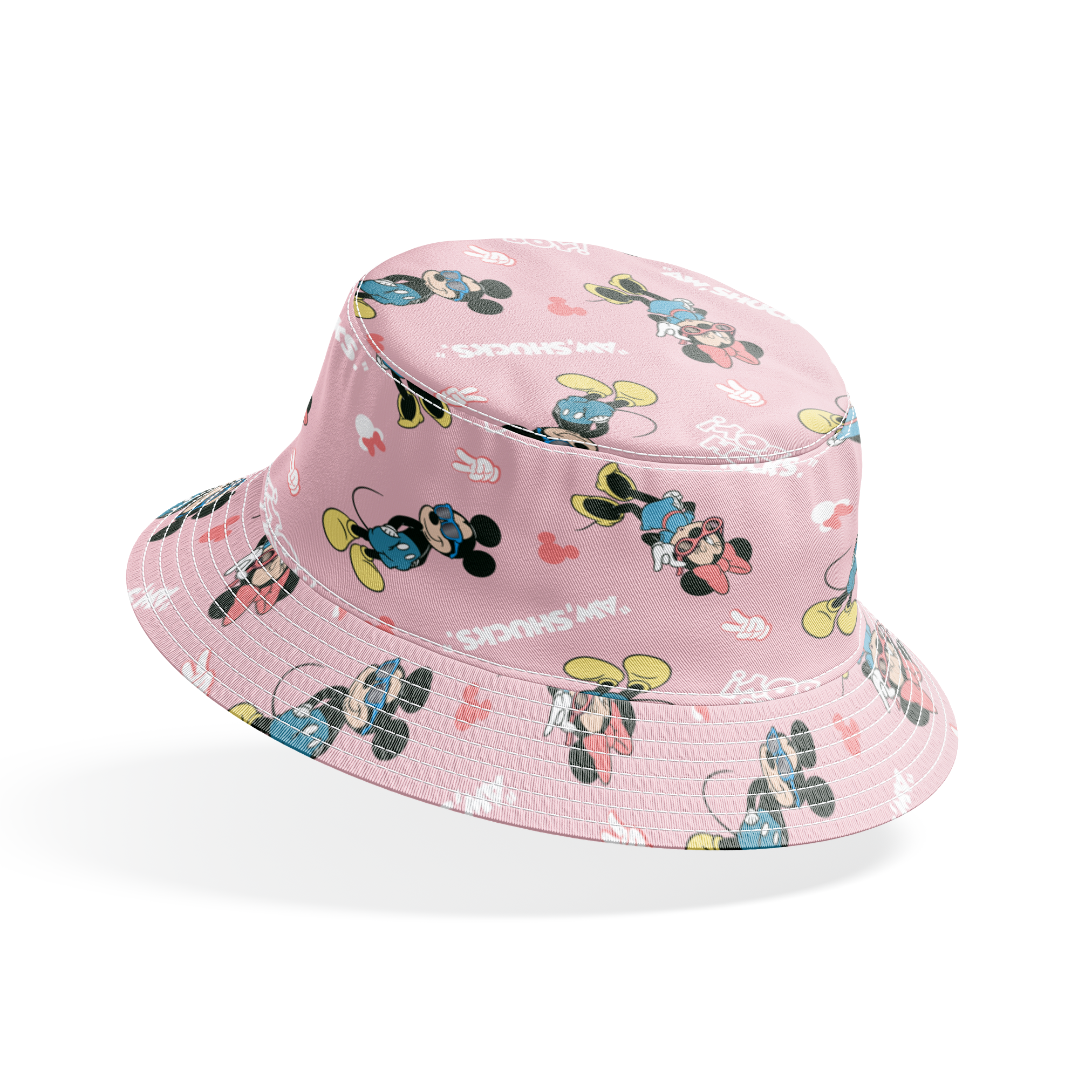 Disney cartoon characters on pink background with expressions "Oh Boy" and "Aw Shucks" in repeating pattern bucket hat mockup