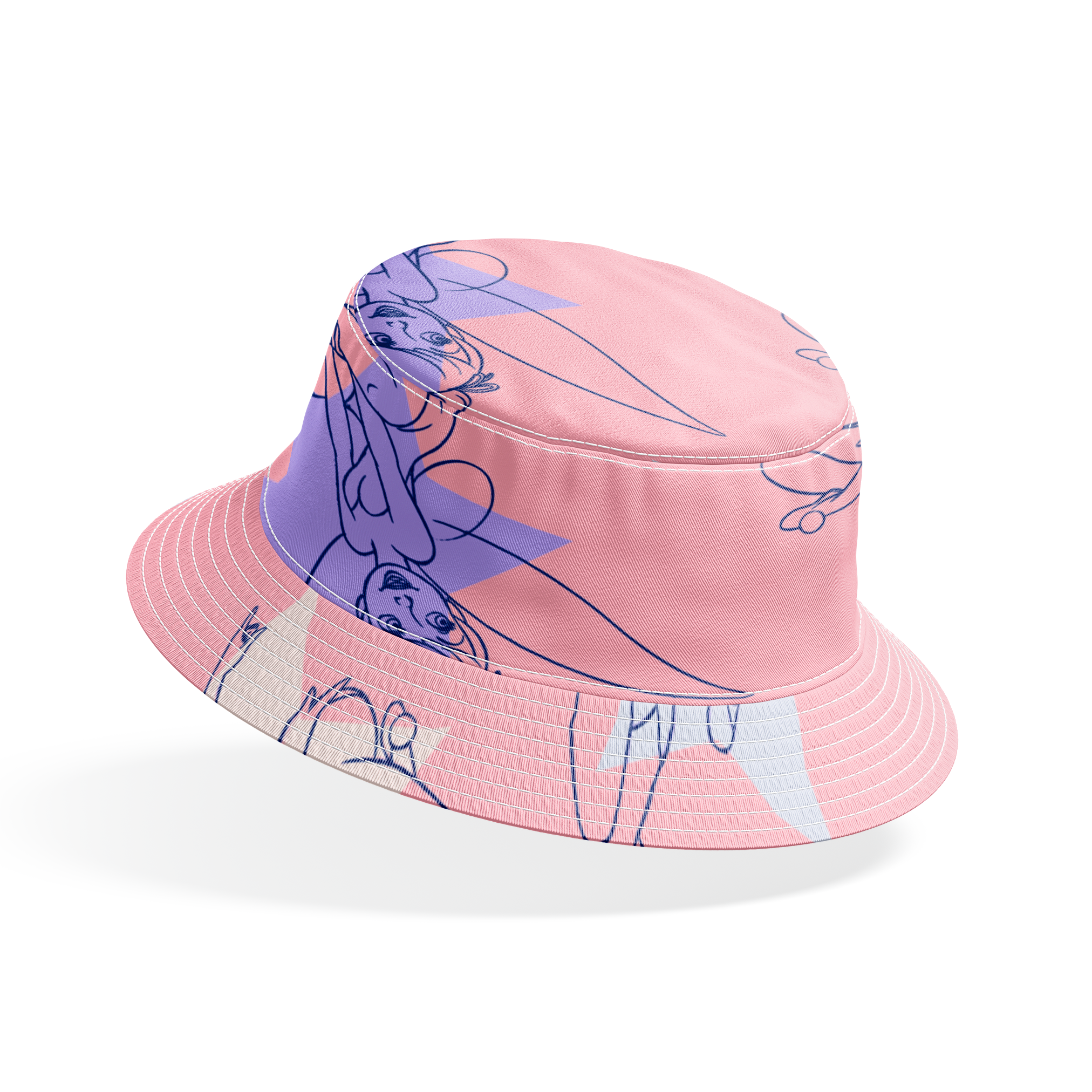 Whimsical Tinker Bells in outlined blue and white style on a soft pink background bucket hat mockup