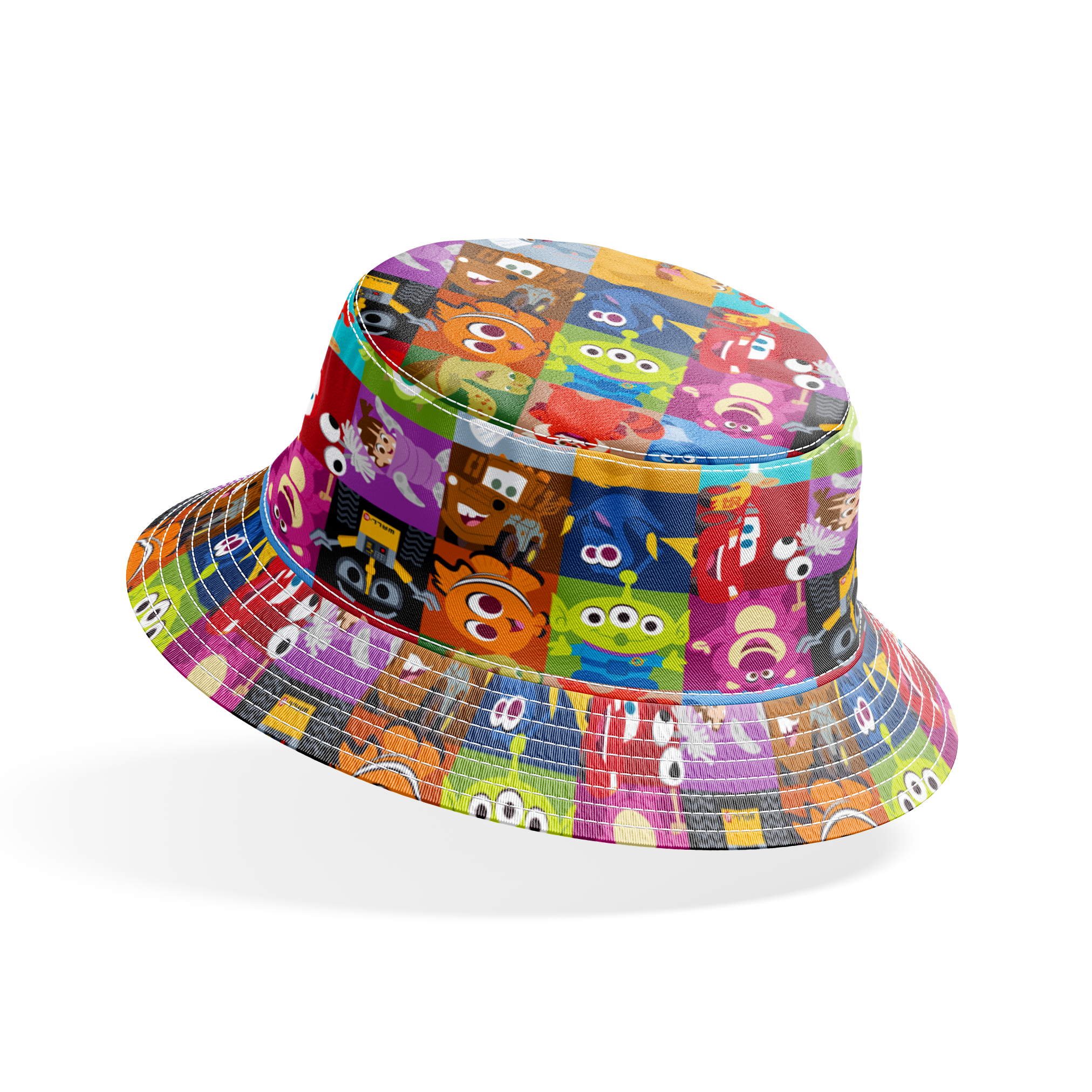 Grid of stylized Disney/Pixar characters including Mike Wazowski, Nemo, Wall-E, Lightning McQueen, Dory, and others in colorful squares bucket hat mockup