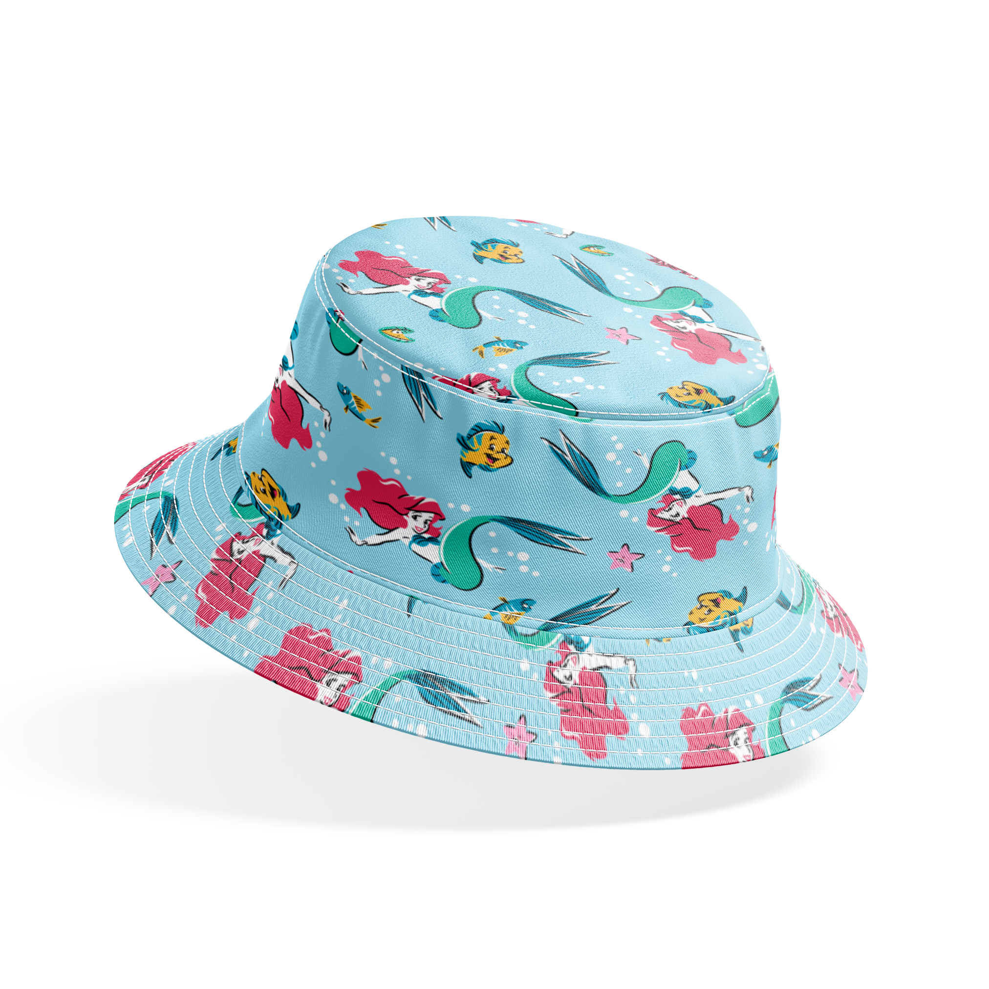 Underwater pattern with colorful mermaids, tropical fish, crabs, and starfish on light blue background bucket hat mockup