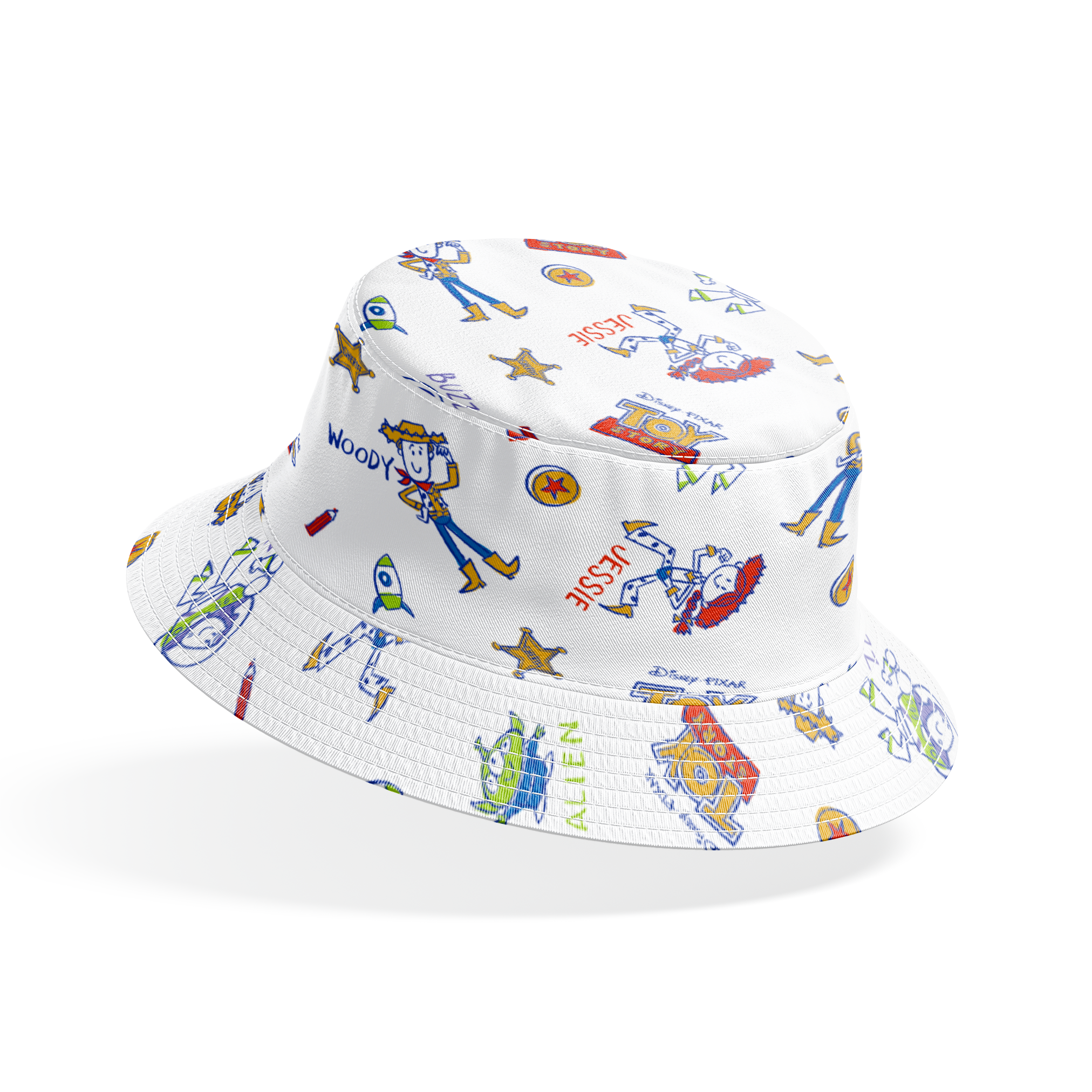 Toy Story pattern with Buzz Lightyear and Woody characters, stars, and spaceships on white background bucket hat mockup
