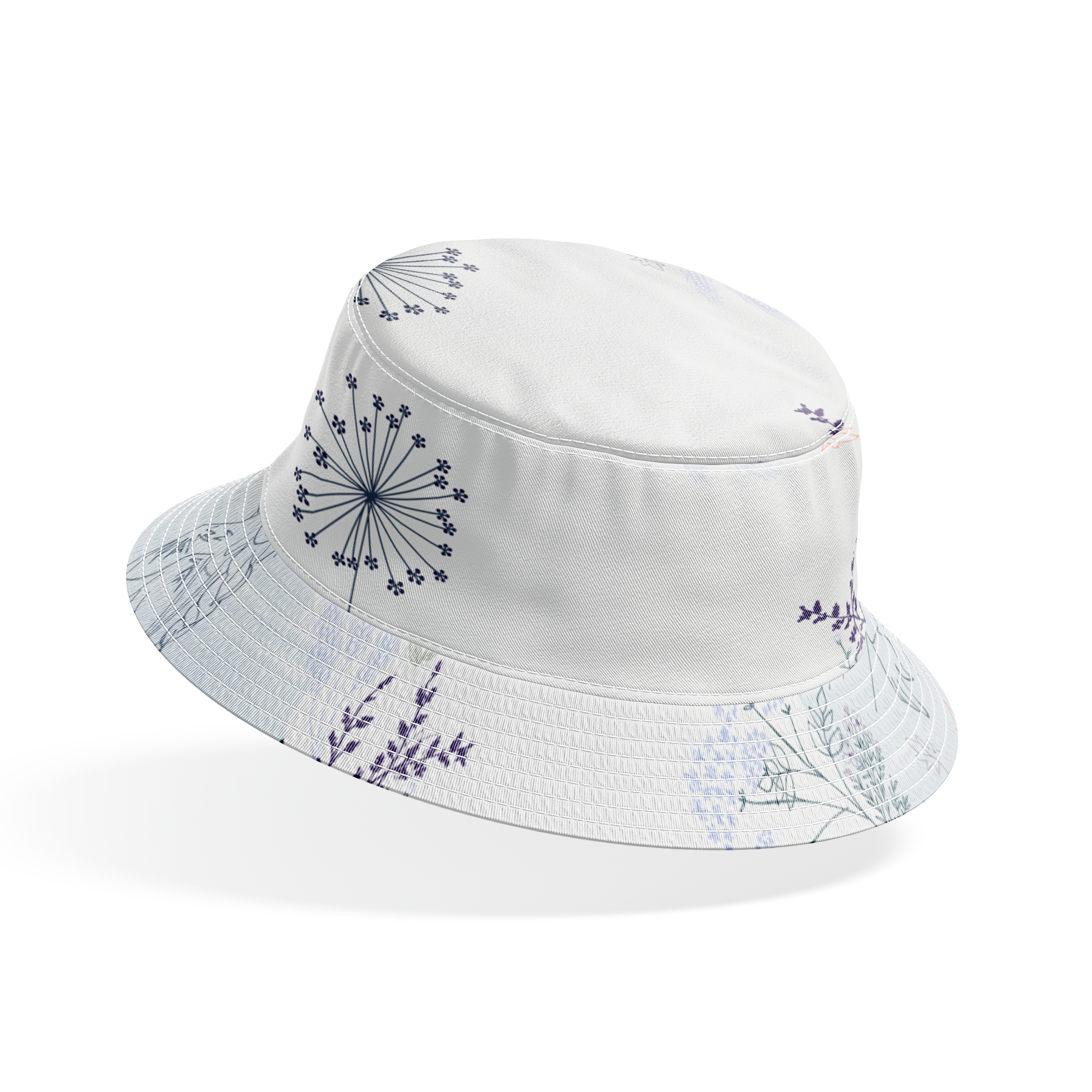 Delicate blue pattern featuring Frozen's Elsa and Anna surrounded by floral elements and dandelions on a light background bucket hat mockup