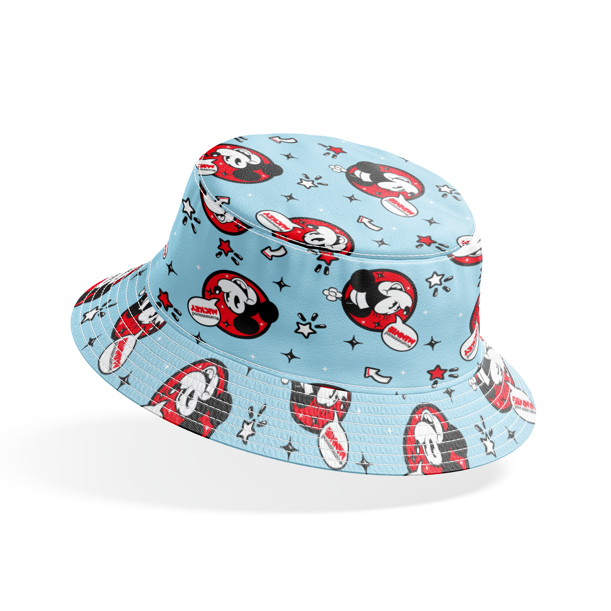 Disney Mickey Mouse pattern with red circular emblems on light blue background with stars and arrows bucket hat mockup