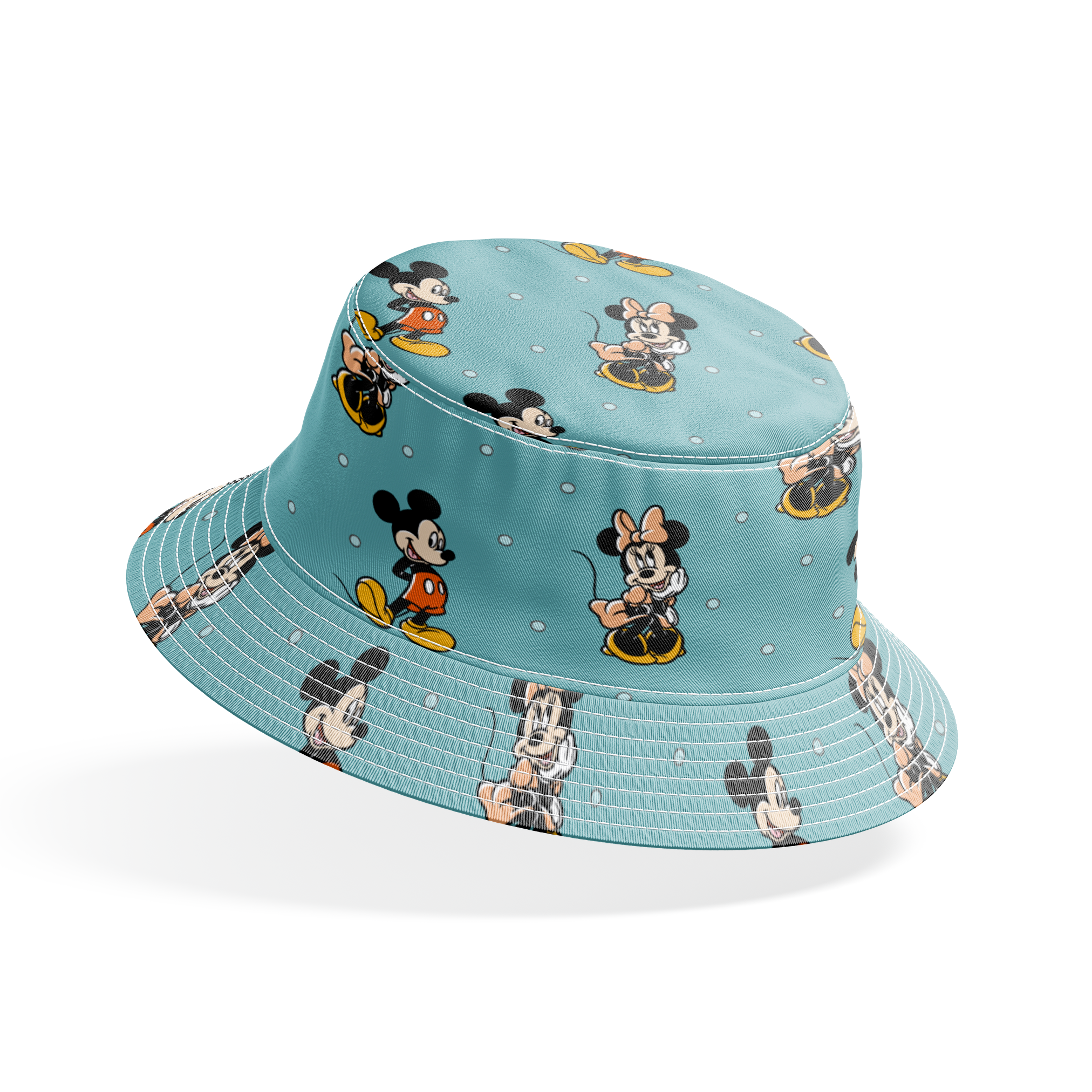 Cartoon pattern of Mickey and Minnie Mouse characters on light blue background with white dots bucket hat mockup
