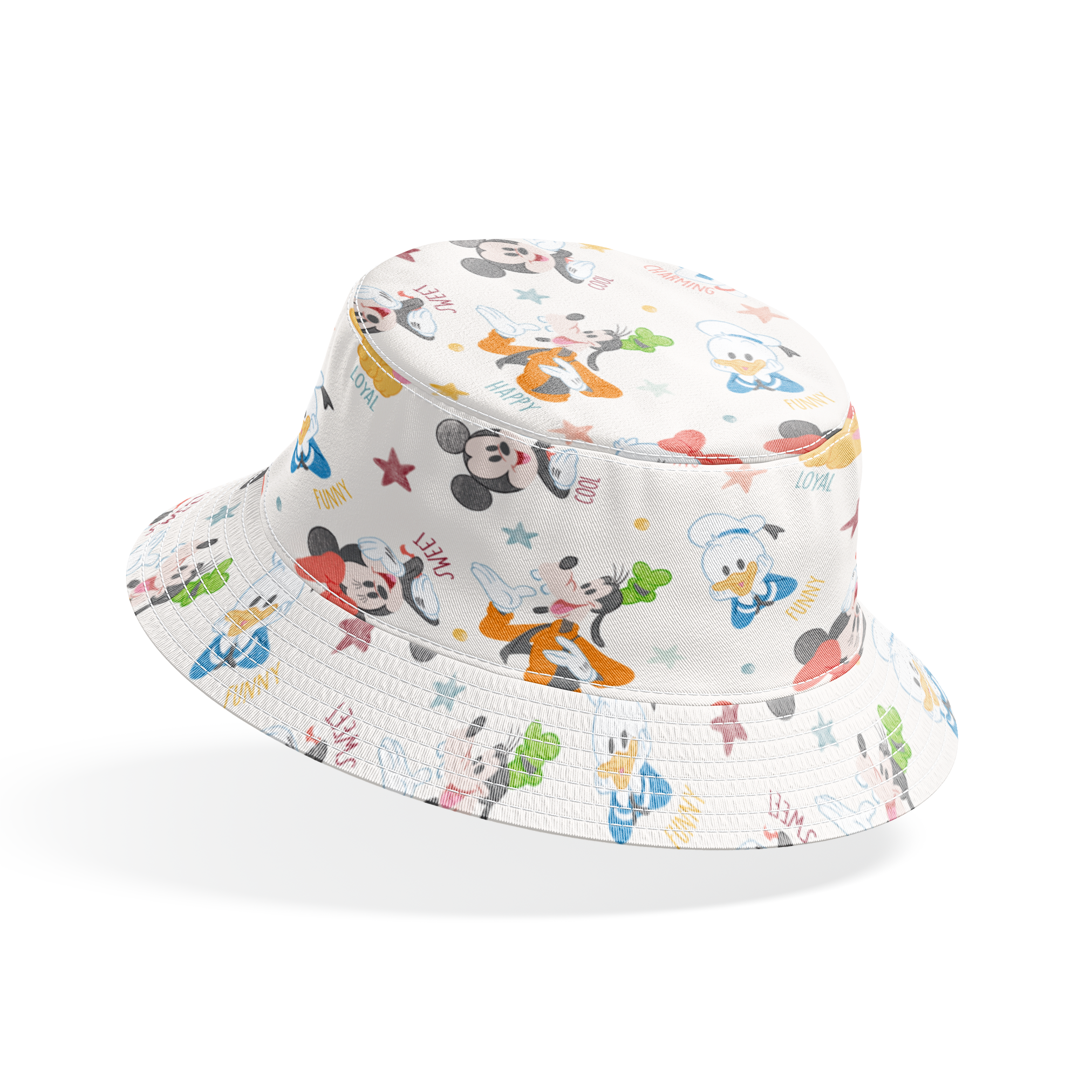 Colorful Disney character pattern with Mickey, Minnie, Donald, Pluto and stars on white background bucket hat mockup