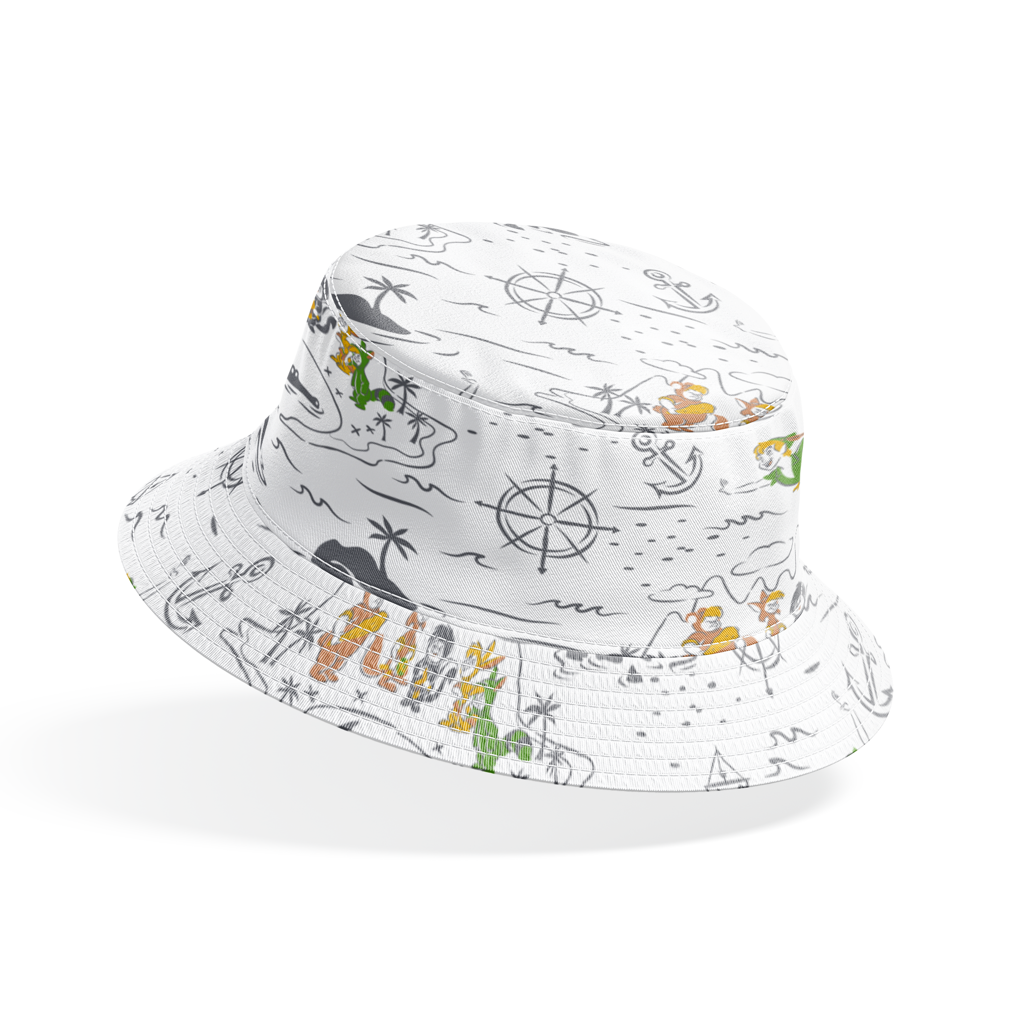 Peter Pan-inspired pattern with islands, ships, mermaids, compass roses, and pirate symbols in green, orange, and gray on white background bucket hat mockup