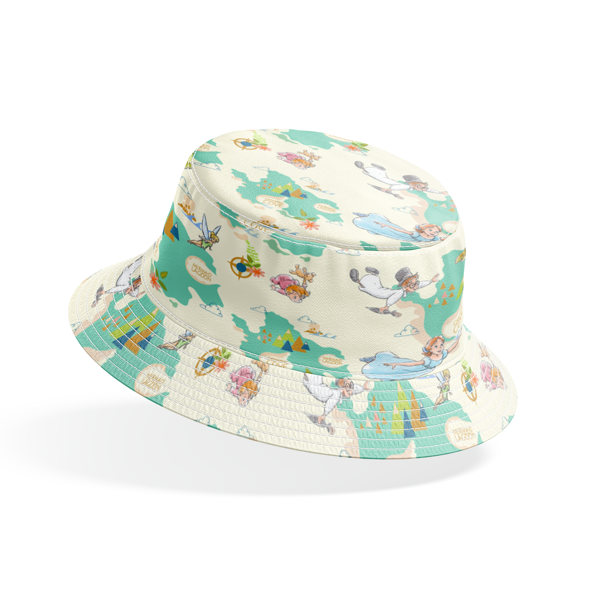 This is a whimsical Peter Pan themed pattern featuring characters flying through a turquoise sky with geometric mountains and text bubbles showing "Mermaid Cove" locations. bucket hat mockup
