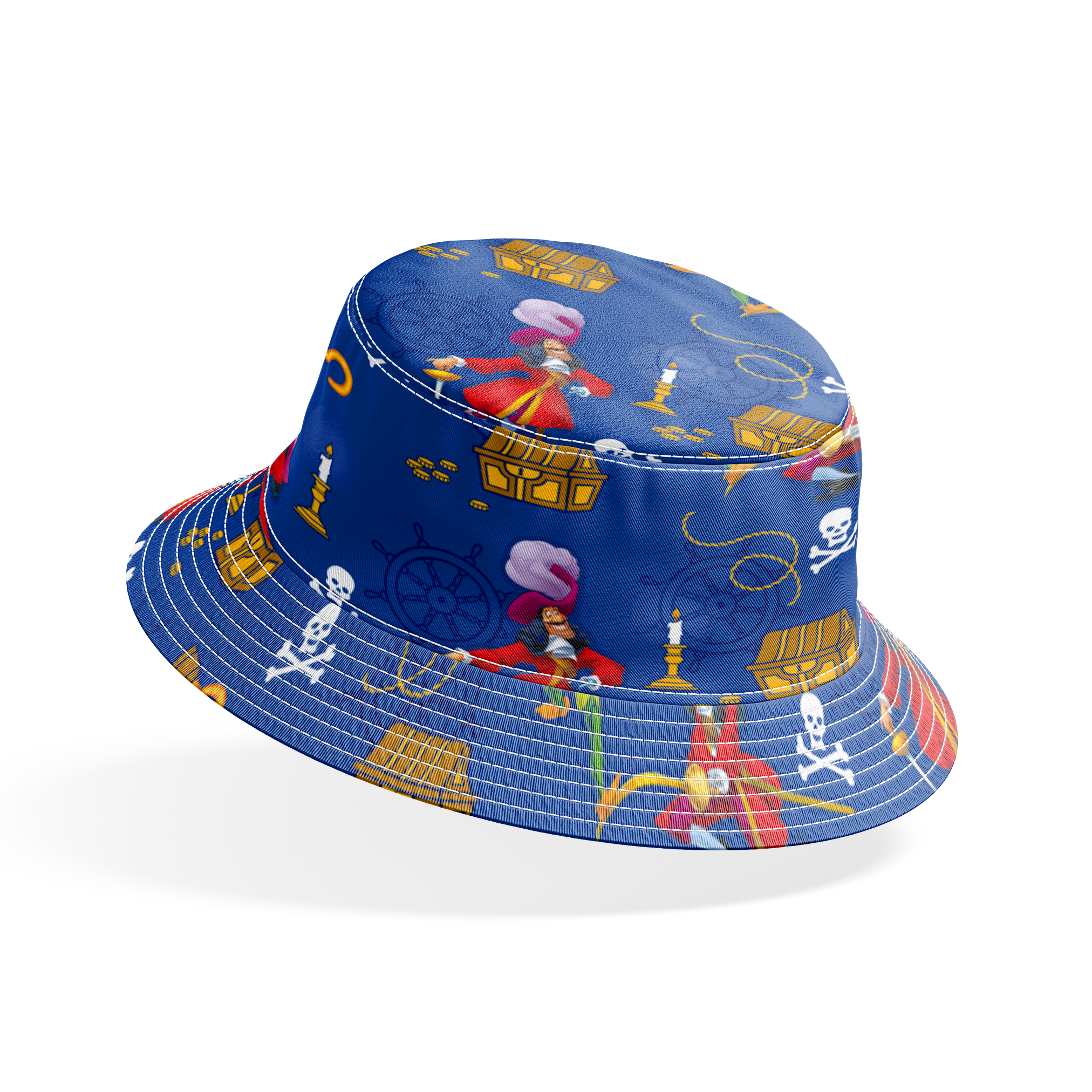 Pirate-themed pattern with captains, treasure chests, hooks, and skull symbols on blue background bucket hat mockup