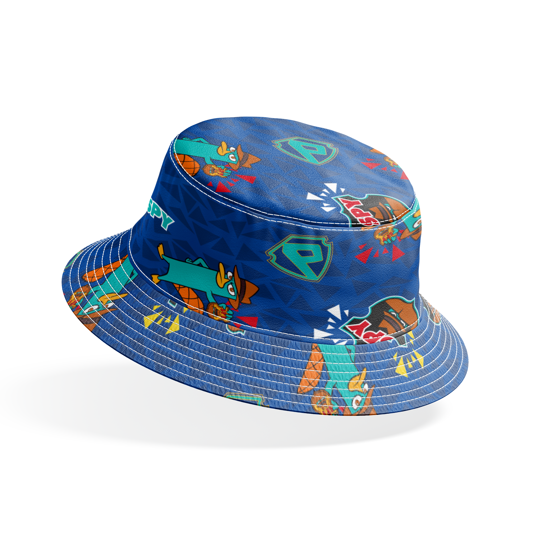 Colorful Perry the Platypus pattern with "SPY" text on blue geometric background bucket hat mockup