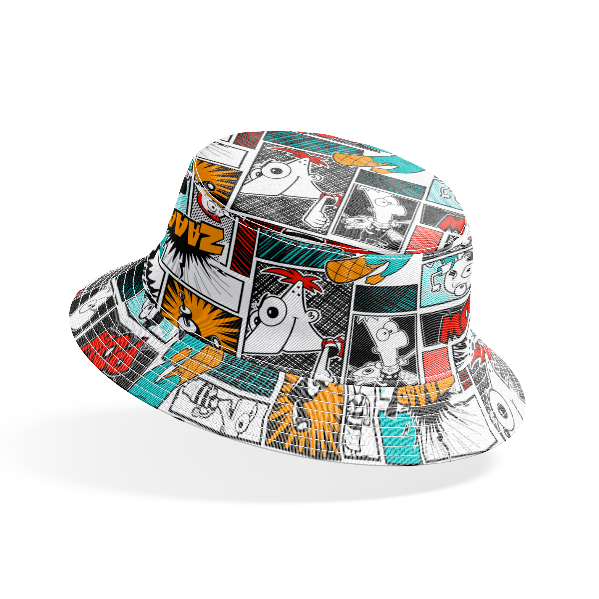 Comic book style pattern with colorful panels featuring sound effects like POW, BANG, and WHAM on red, blue, and black backgrounds bucket hat mockup